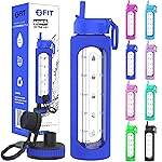 FIT Strong & Healthy 32 oz Glass Water Bottle w/Straw Lid, Wide Mouth Borosilicate Glass Water Bottles with Time Marker, Silicone Sleeve & Extra Lid, 1L Large Motivational Drinking Bottle, Royal Blue