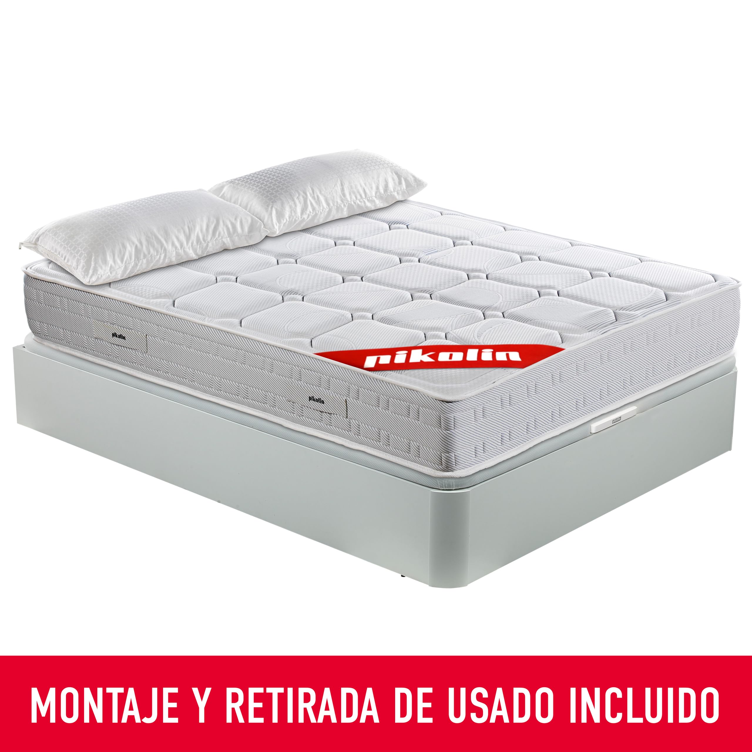 PIKOLIN Pack Colchón Wow, Muelles Ensacados 27cm + Canapé Abatible Blanco + 2 Almohadas Fibra con Entrega, Montaje Dentro del Domicilio y Retirada de Colchón y Base Usada Incluido, 135x190