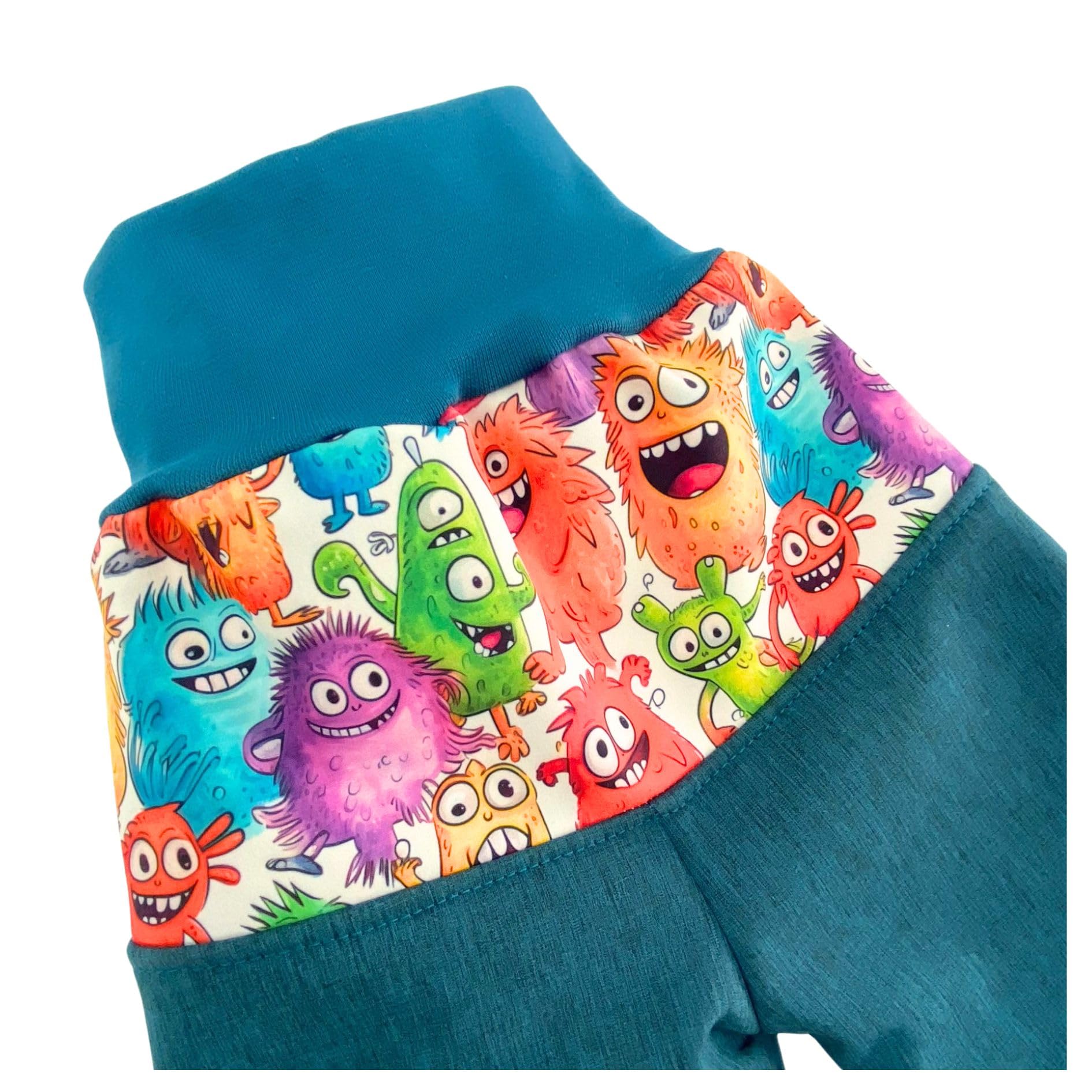 Lilakind“ Baby Kinder Softshell Hose Petrol oder Lila Meliert mit Monstern Cartoon Gr. 74-122 - Made in Germany