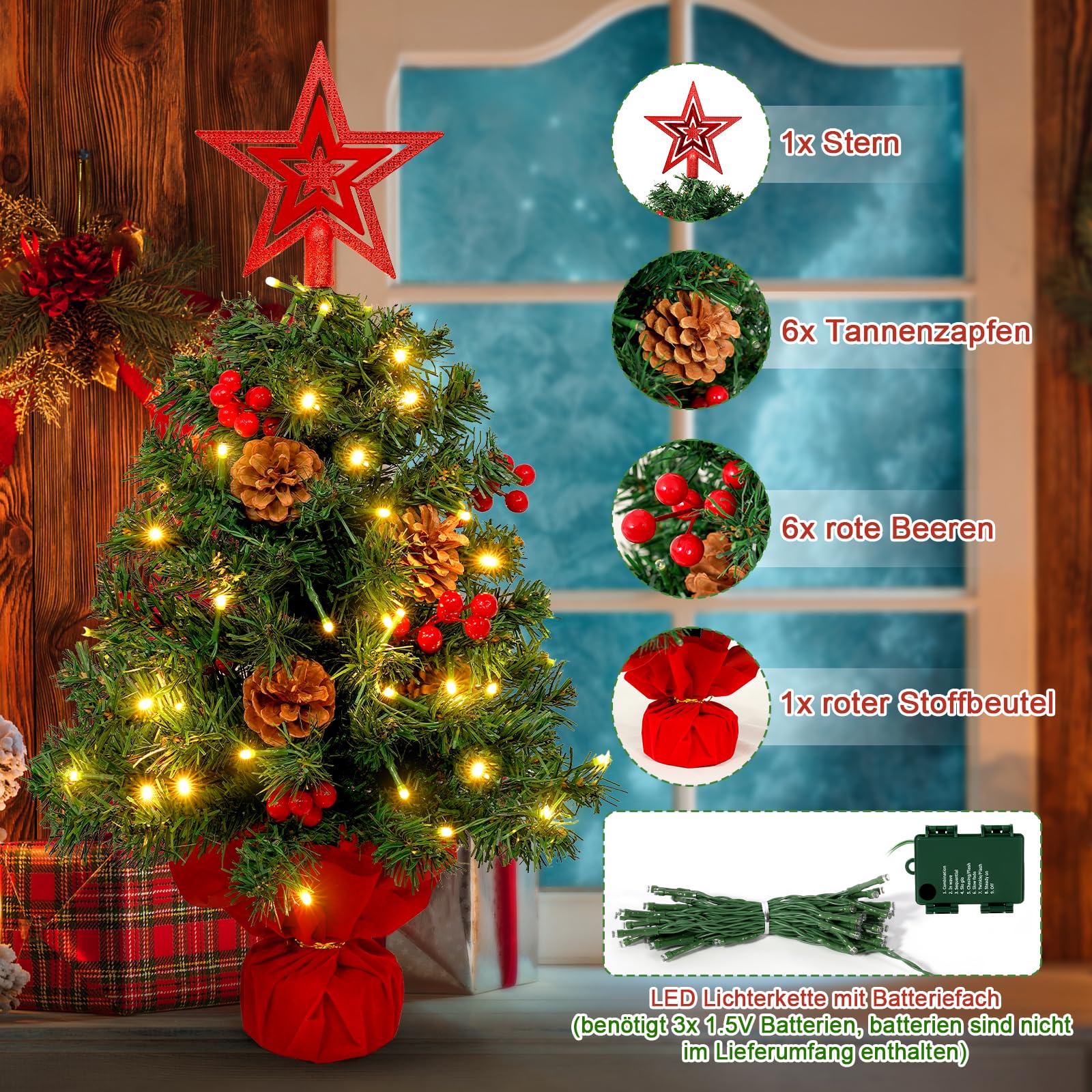 AGM 60 cm Tisch Weihnachtsbaum Klein mit 50 LEDs Lichterketten Deko 42 Rote Beeren 6 Tannenzapfen 24inch Künstlicher Christbäume für Weihnachts Dekoration, 1 fünfzackiger Stern Oben