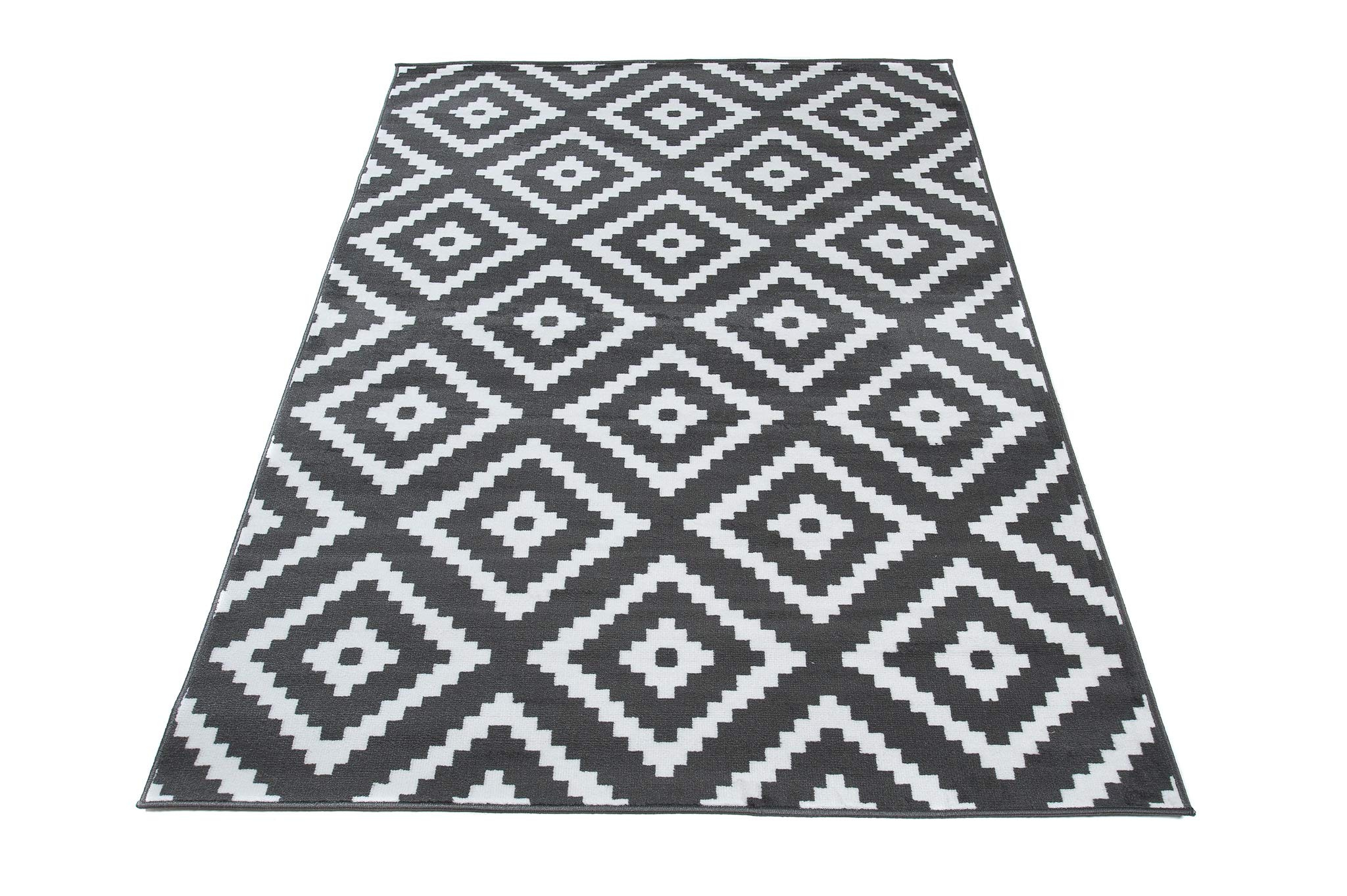 TAPISO Luxury Tapis Poils Ras Moderne Gris Foncé Blanc Géométrique Marocain Losanges Tapis Salon Chambre Adulte Salle à Manger Bureau Oeko-TEX Résistant 120 x 170 cm