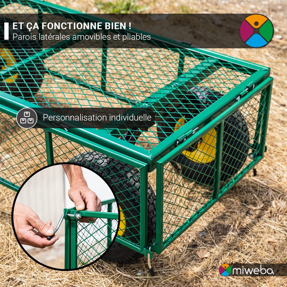 Miweba Chariot d’extérieur MB-700 - Bâche - Parois Pliables - Capacité de Charge 700 kg - Pneus pneumatiques - Chariot Pliable - Chariot de Jardin - Chariot de Transport - Brouette