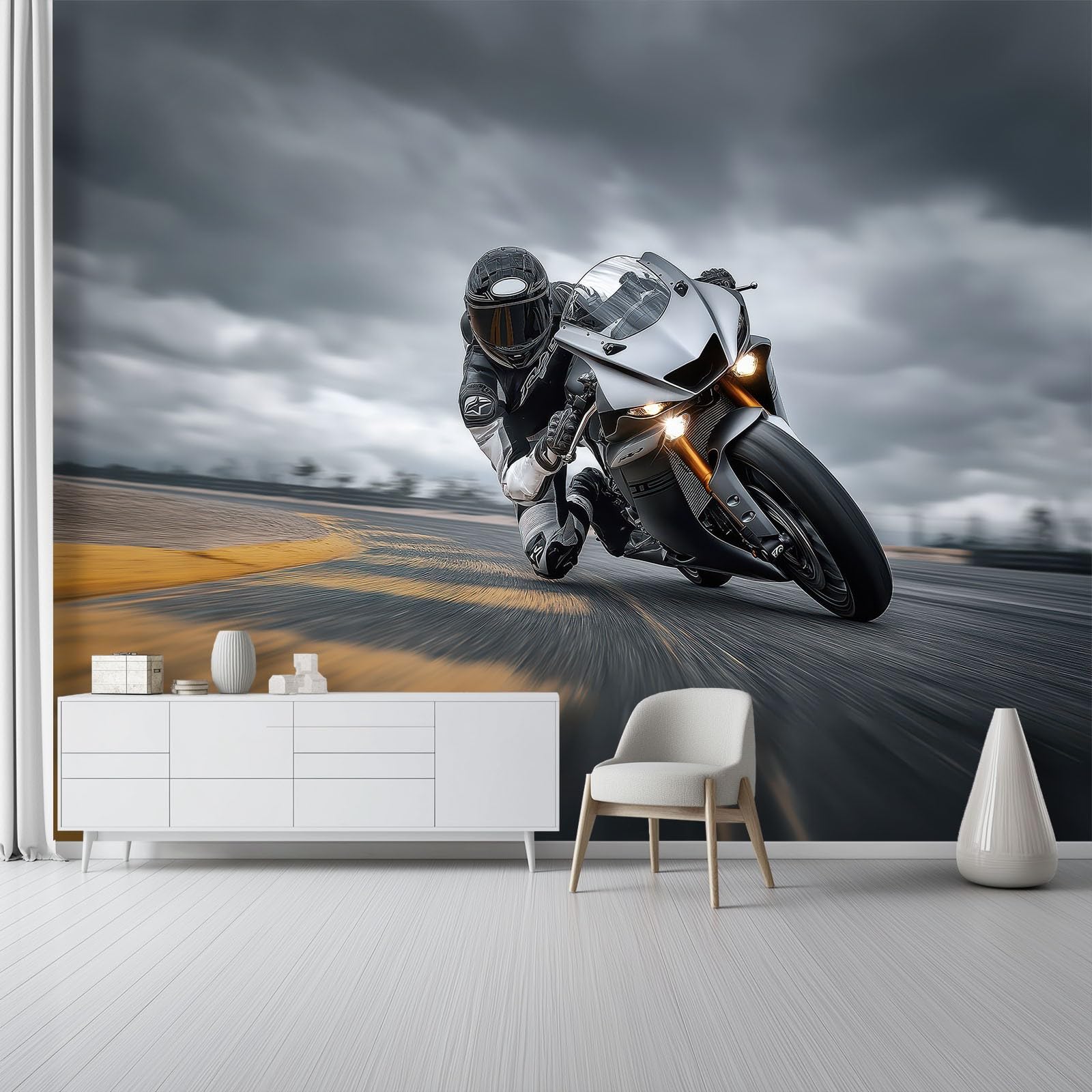 Tapeta z motywem 250 x 175 cm, kreskówkowy motocyklista, radosna tapeta z motywem do pokoju dziecięcego i kącika do majsterkowania, szara