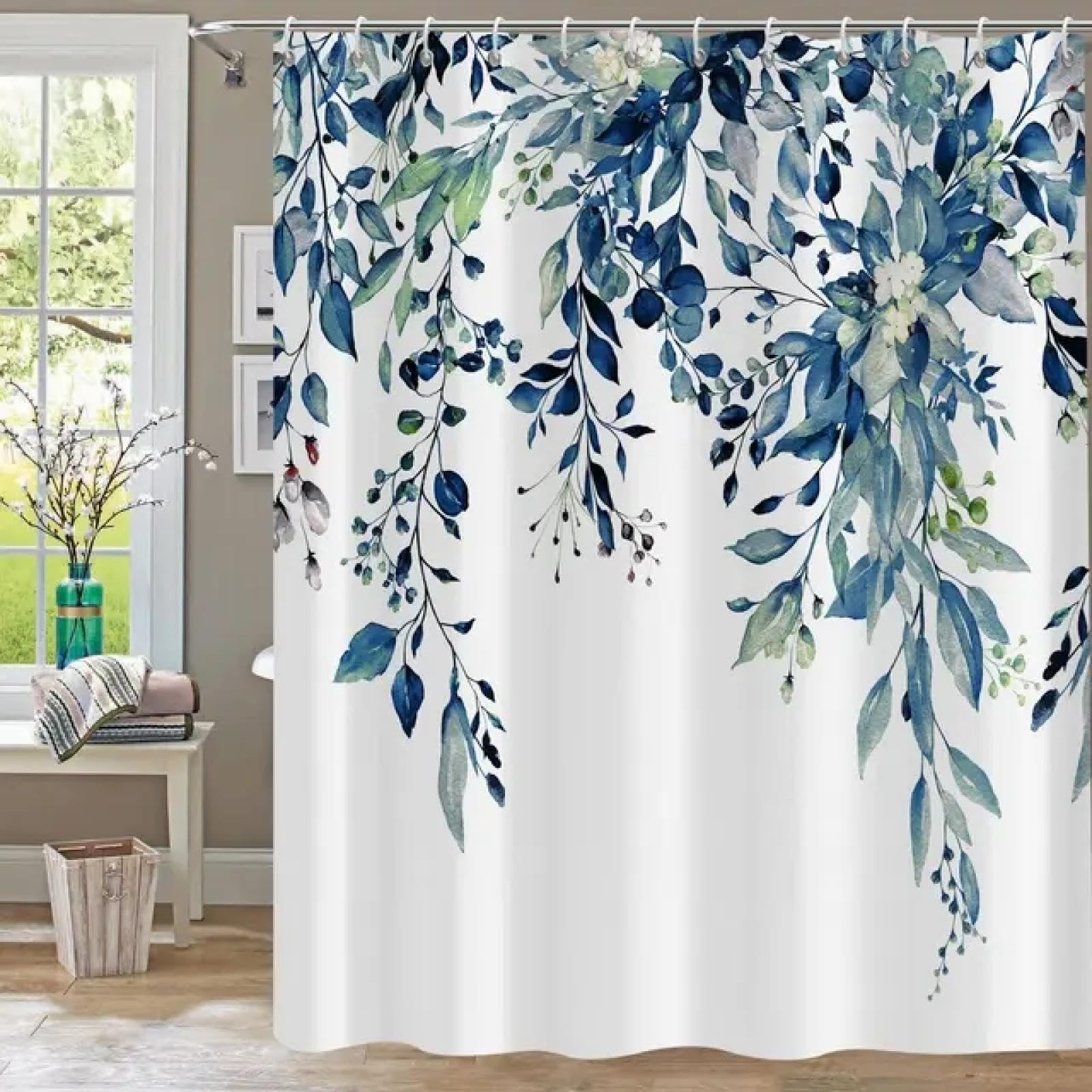 Rideau de douche feuilles d'eucalyptus bleu rideau de bain tissu polyester imperméable 80x80