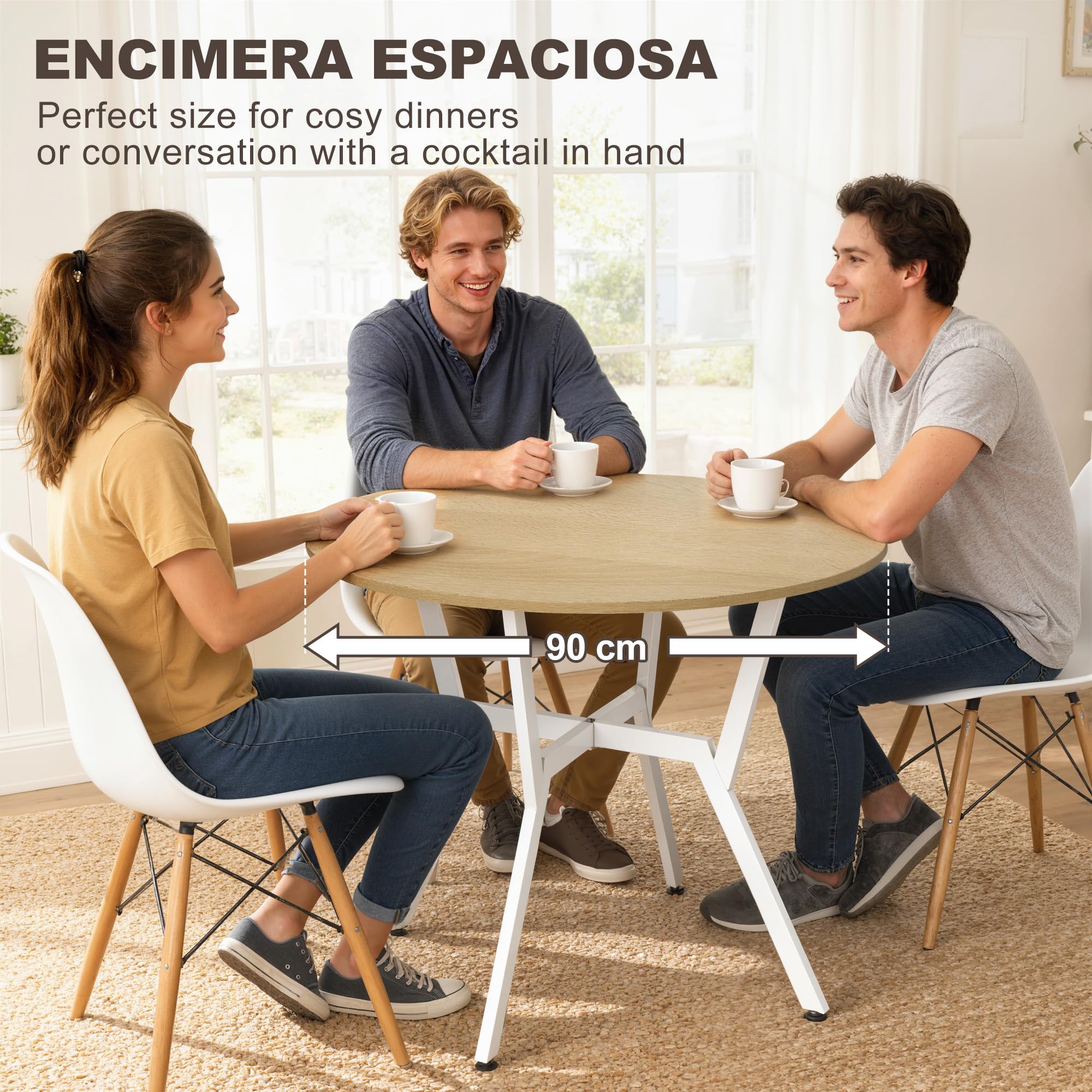 HOMCOM Mesa de Comedor Redonda para 2-4 Personas, Mesa de Cocina Industrial, Patas Curvadas de Acero, para Salón, 90x90x76 cm, Natural y Blanco