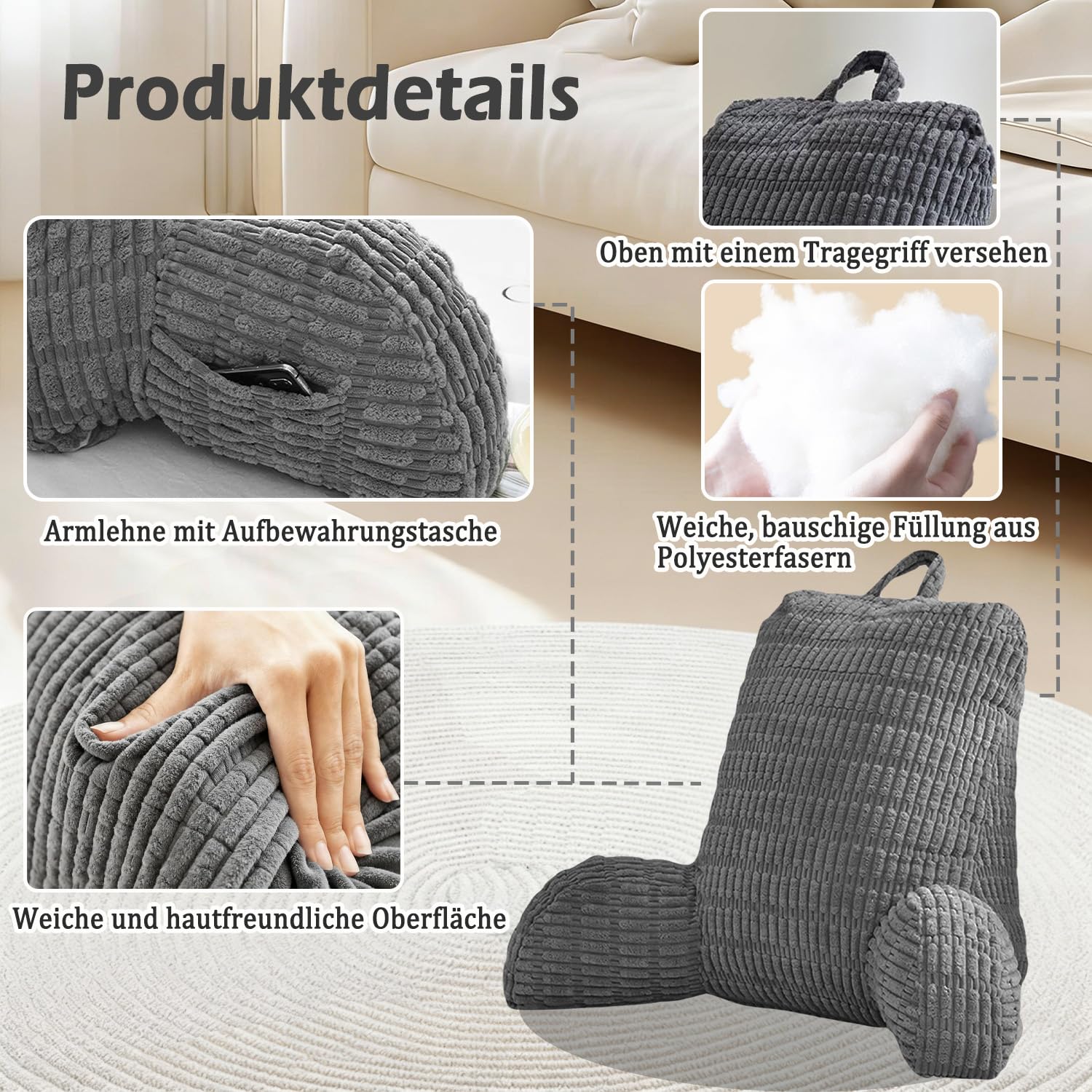 Lesekissen für Bett Und Sofa, Rückenkissen Sofa für Erwachsene mit Armlehne, RückenstüTze Abnehmbar und Waschbar, Rückenlehne zum Lesen mit Tasche für Bett, Couch, Boden, Stuhl (Dunkelgrau)