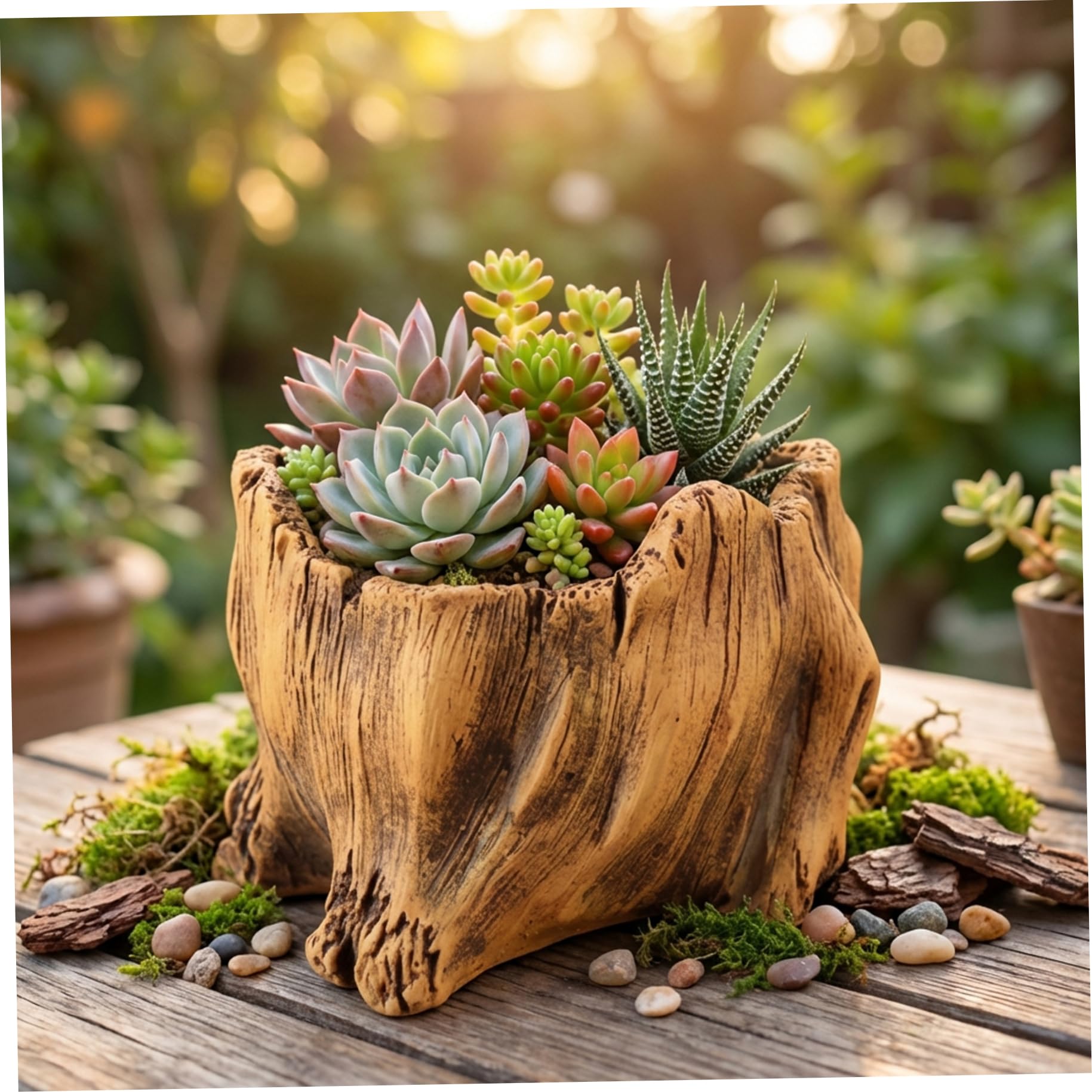 Latemeia Brown Vintage Driftwood Planter, Cement Cactus Planter With Realistic Wood Texture - Rustic Bronze Finish Decorative Flower Pot For Succulents, Home & Garden Decor, Cactus