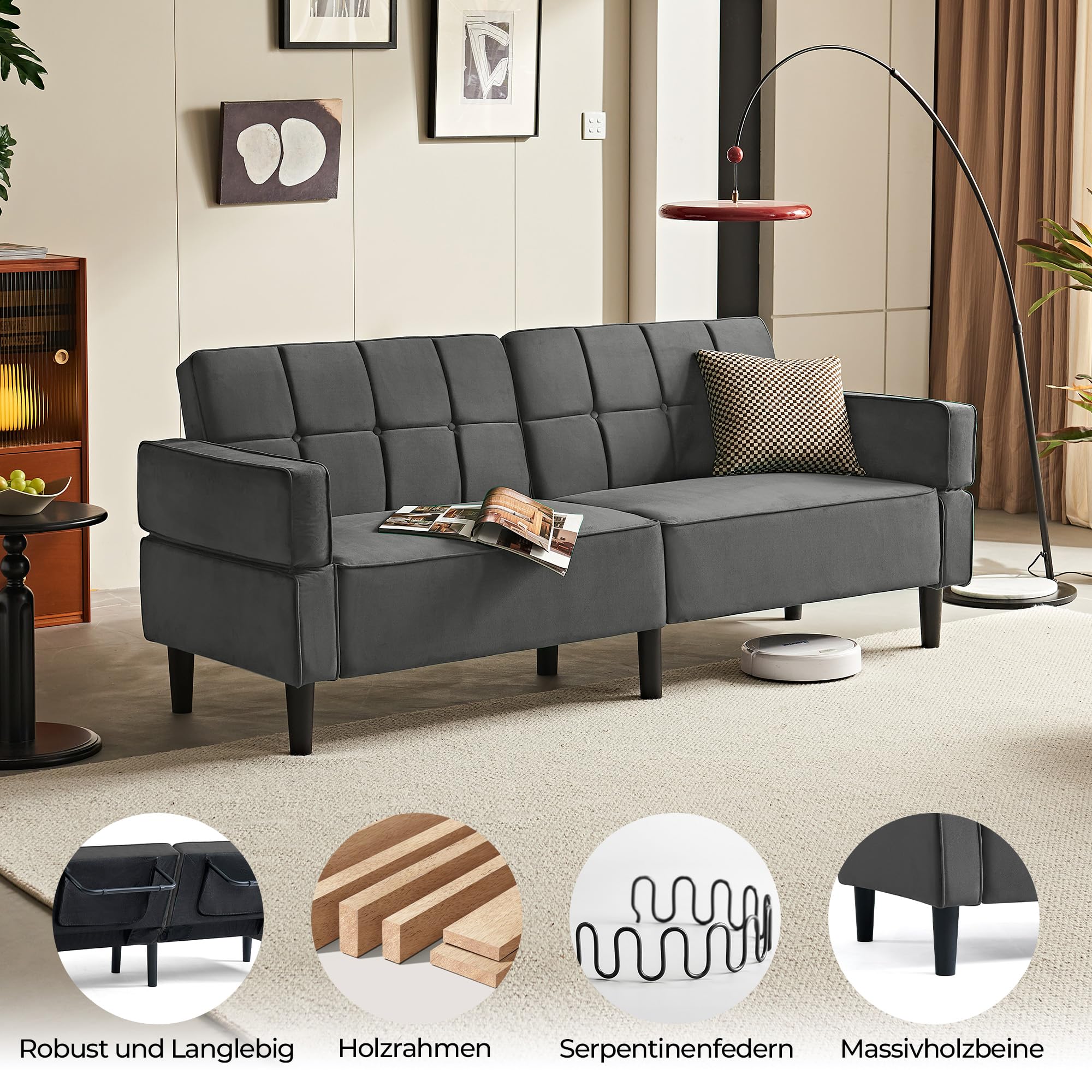 LINSY HOME Sofa mit Schlaffunktion, Klappsofa Sofa 3 Sitzer, Schlafsofa mit Verstellbarer Rückenlehne Armlehnen, 3 Sitzer Sofa mit Bettfunktion aus Samtstoff (Grau)