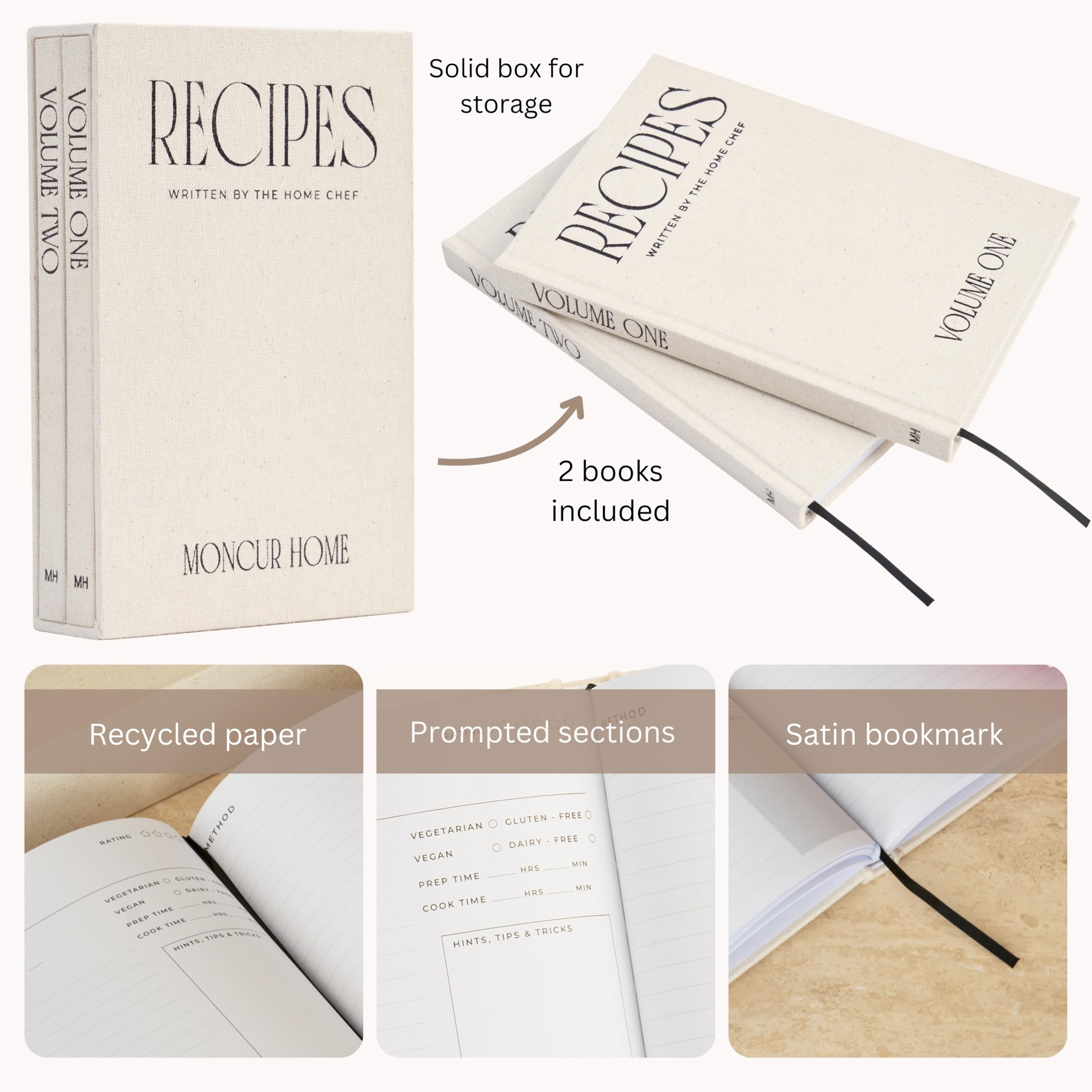 Moncur Home Juego de 2 libros de recetas en blanco para escribir en tus propias recetas, caja de recetas de lino beige, hojas adhesivas, cuaderno de recetas, libro de cocina, diario de recetas,