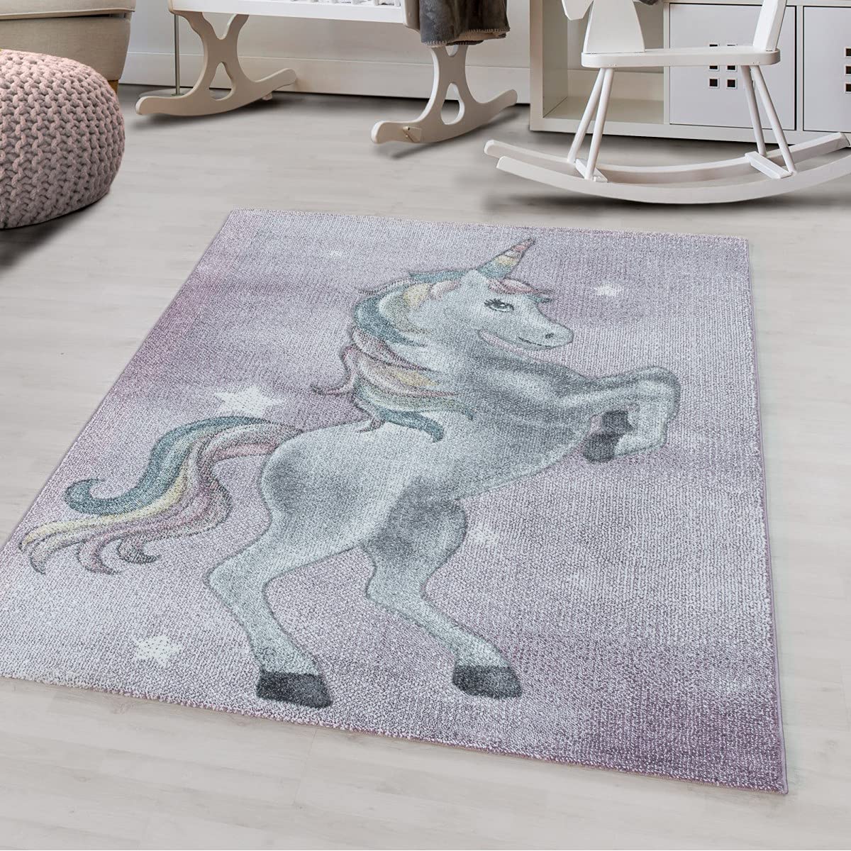 Tapis de chambre enfant licorne violet 120x120 cm rond et doux pour fille