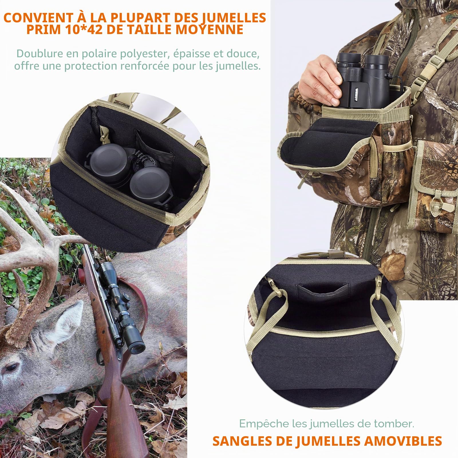 NewView Harnais Binocular avec Sac de télémètre Amovible, Sangle bino réglable et Protection Contre la Pluie - Idéal pour la Chasse, la randonnée et l'observation des Oiseaux - Quiet-M