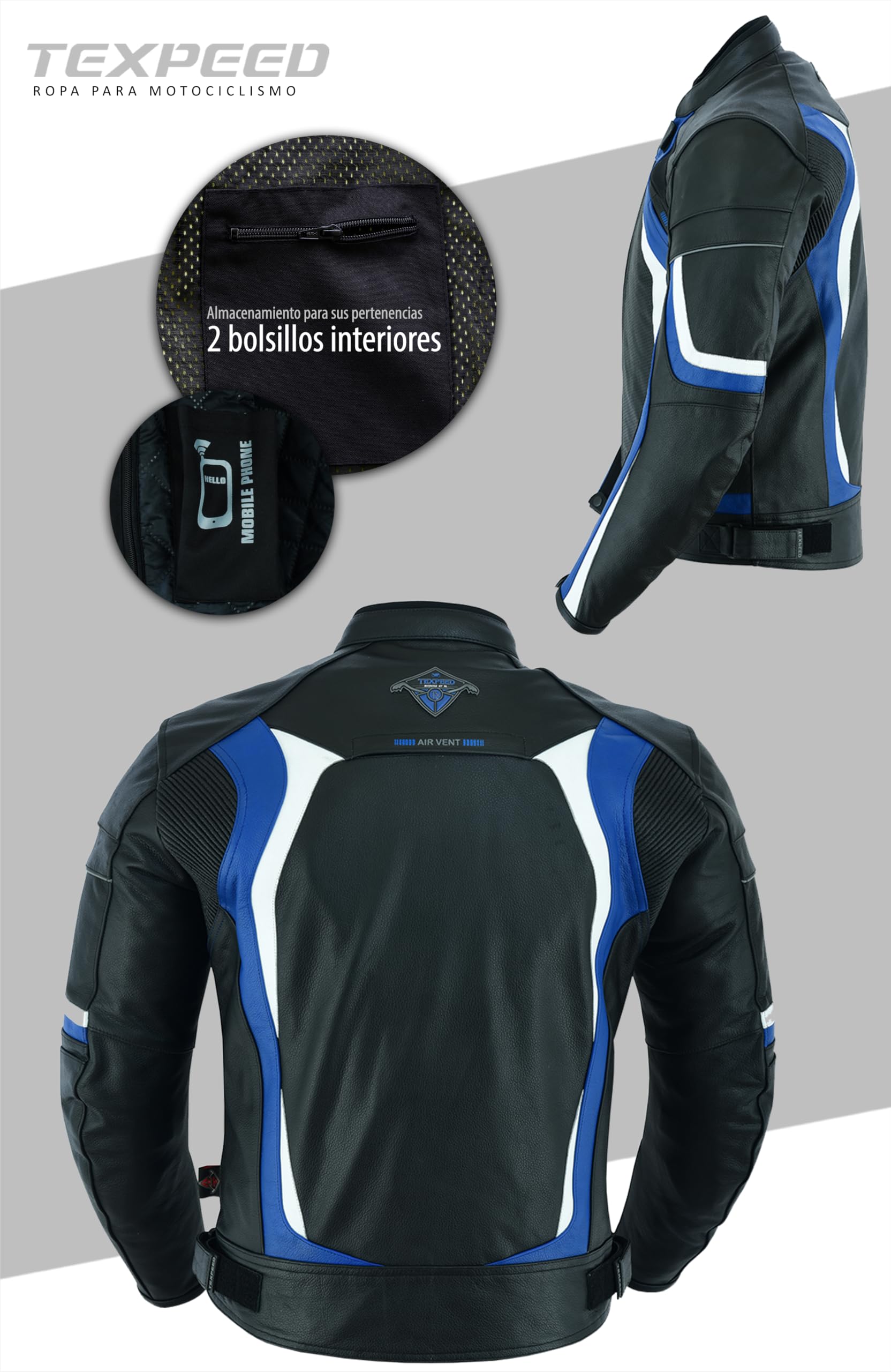 Texpeed Chaqueta de Moto de Cuero para Hombre – Chaqueta Racing Perforada para Motociclistas con Protecciones Biker (EN 1621-1) – Azul – XL