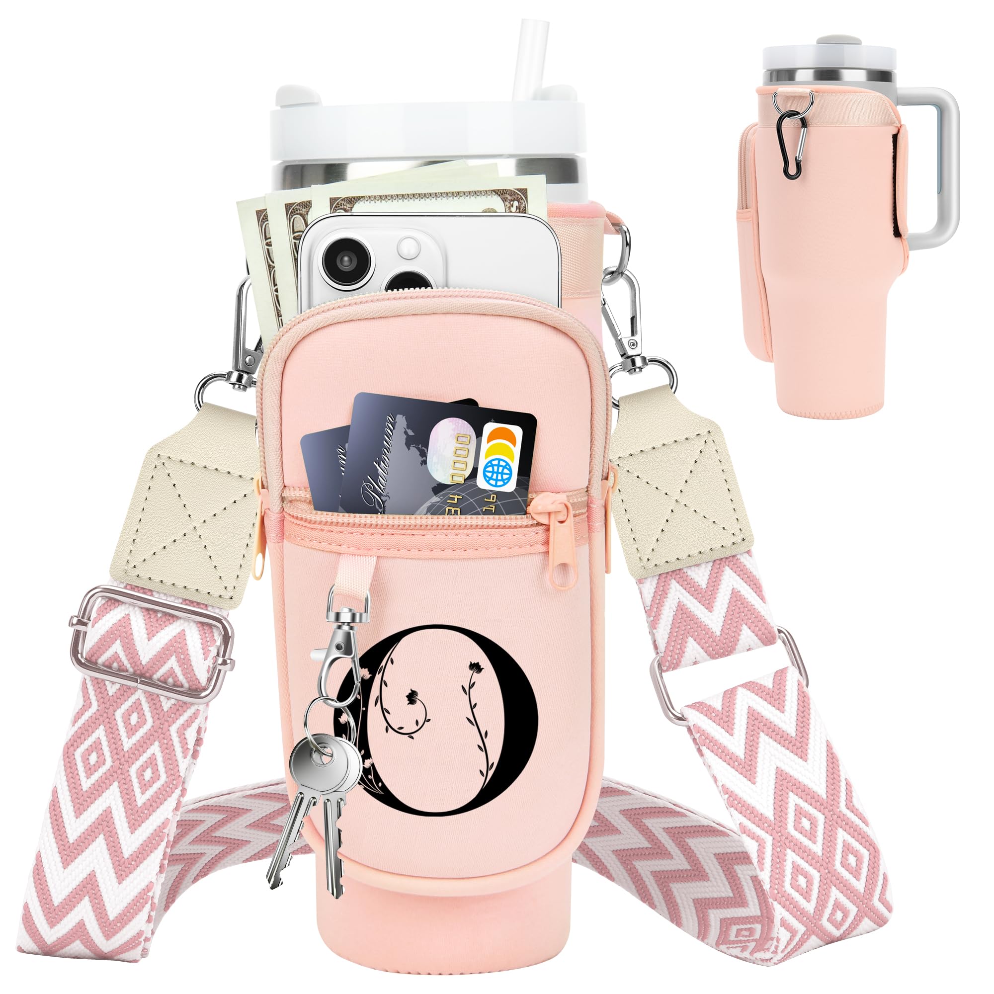 Initial Water Bottle Holder with Strap for Stanley Cup 40 oz Tumbler