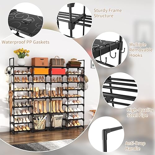 Miniatura 5 de ROJASOP Organizador grande de zapatos para armario 64 a 68 pares de 9 niveles resistente almacenamiento de zapatos con 18 ganchos laterales
