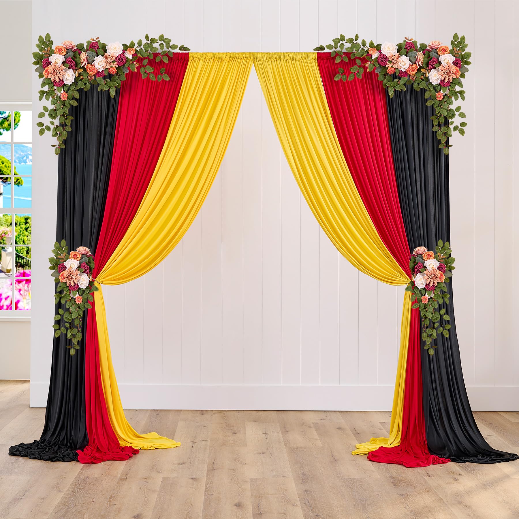 Lot de 6 panneaux de rideaux infroissables de 9,1 x 3 m - Noir, rouge et jaune - Toile de fond pour fêtes, Noël, fête d'anniversaire