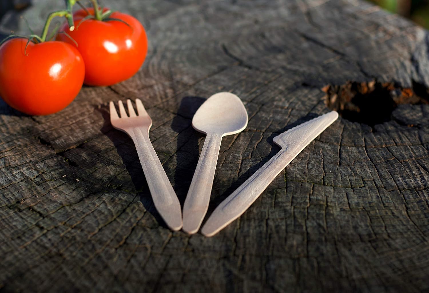 Disposable Wooden Cutlery Set - 300 PCS Of Reinforced Birch Wood - Plastic Free Compostable Cutlery - Biodegradable Durable Sharp Knives and Deep Wooden Spoons - Tackle Tough Vegetables Easily