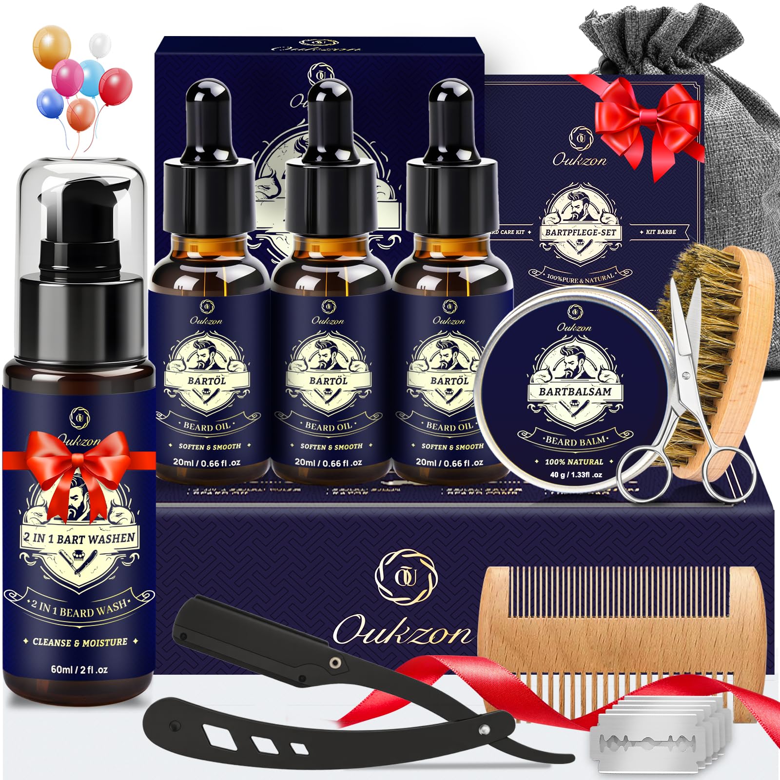 Oukzon Kit Barbe Homme, 10 en 1 Soin Barbe Homme, Coffret Barbe Homme avec Shampoing Barbe, Huile Barbe, Baume Barbe, Peigne Barbe, Brosse Barbe, Rasoir de Sureté, Ciseaux, Cadeau Homme