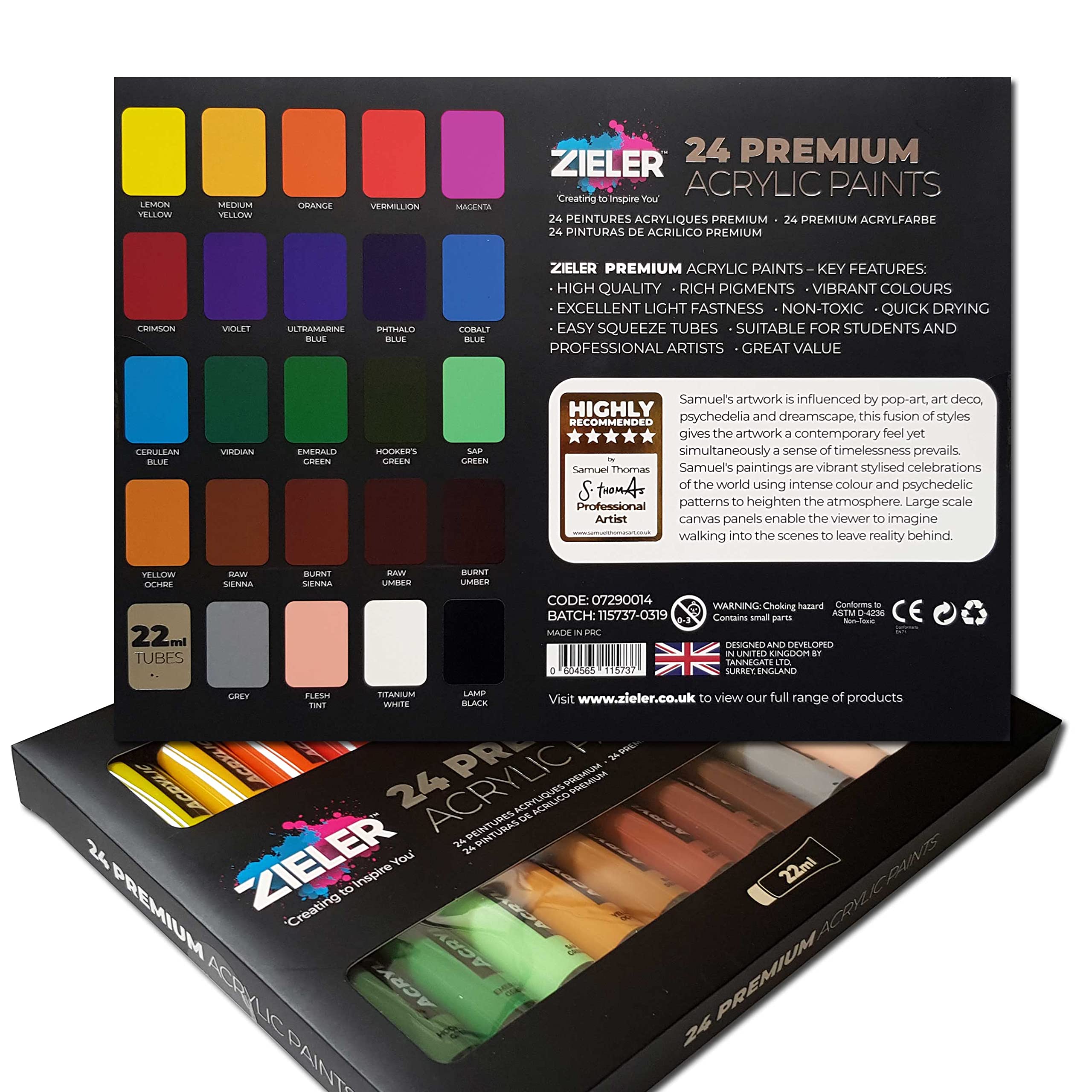 Juego de pintura acrílica premium (24 tubos grandes de 22 ml) - por Zieler®. Ideal para papel, lienzo, madera, cerámica, tela y manualidades. Incluye guía de inicio