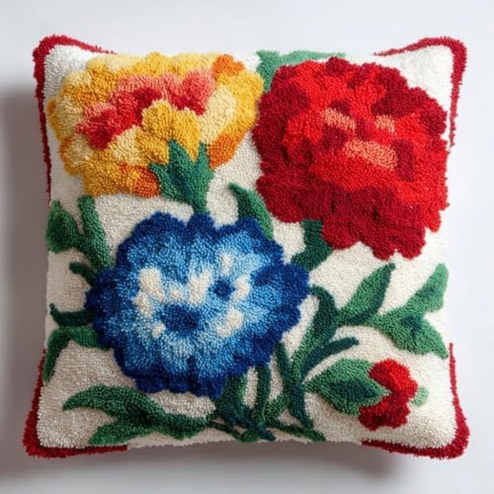 kitphoenix Latch Hook Kit for Adults Beginners,Carnation Flowers and Green Leaves,DIY Cushion Cover Kit,Rug Hooking Craft Kit with Pre-Printed Canvas,Yarn and Hook,43x43 cm Pillow Cover