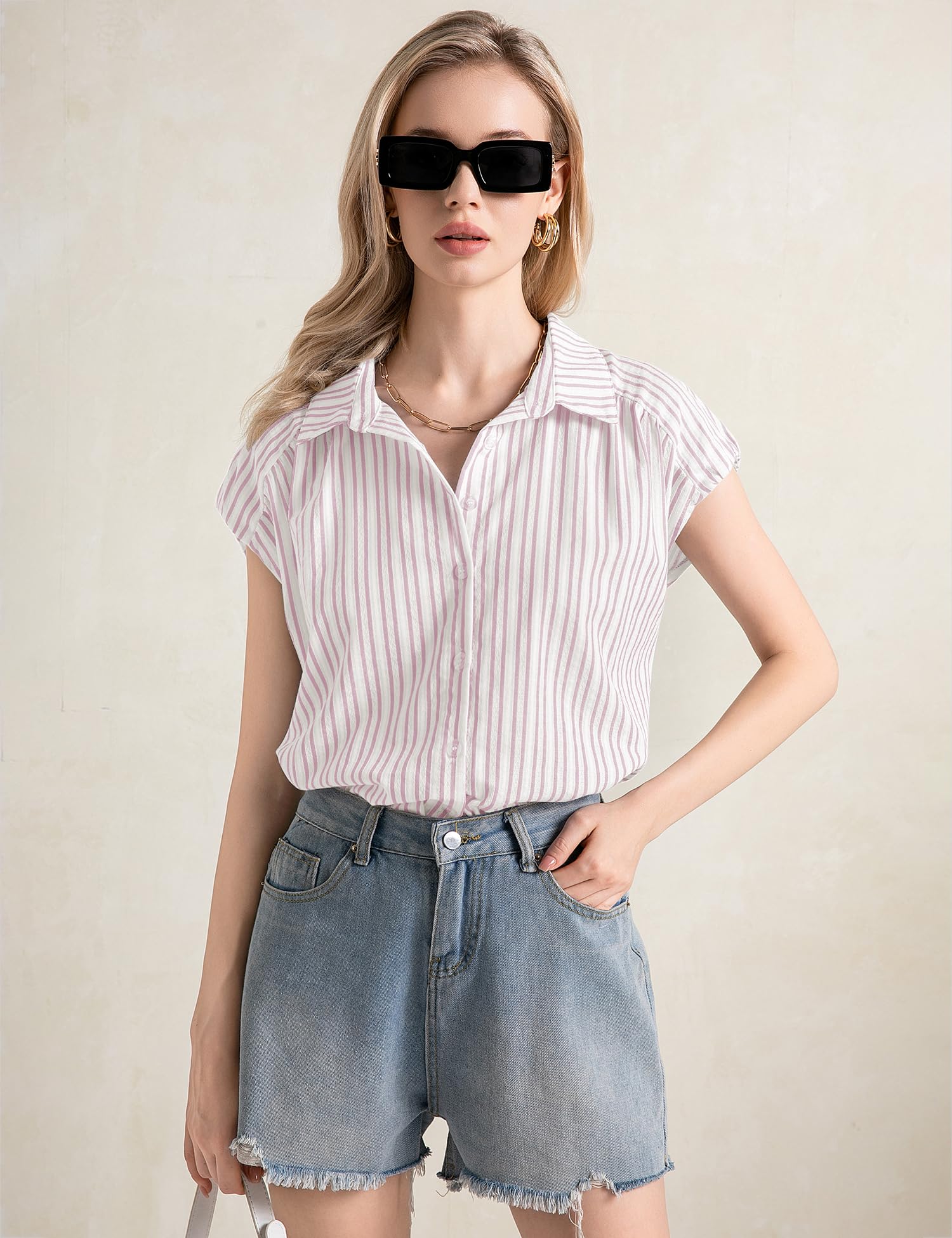 EFFAN Camicetta da donna Camicie in cotone Camicette con maniche ad aletta Camicette estive con scollo a V Camicetta da lavoro allentata da donna 2025