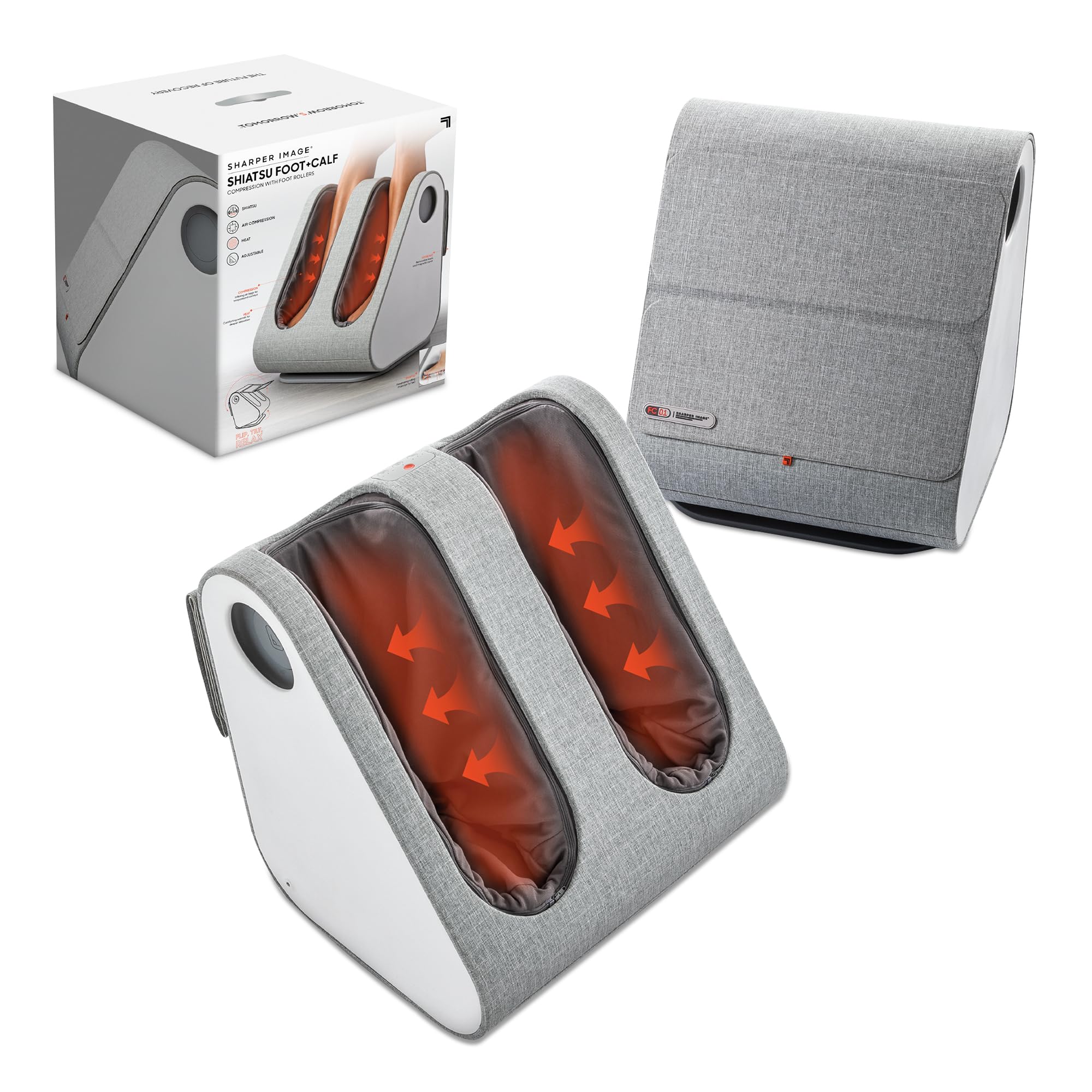 Sharper Image Shiatsu Foot + Calf Massager, Deep-Kneading Rollers with Air Compression, Soothing Heat, Adjustable Tilt, Customizable Modes, Hygiene Cover