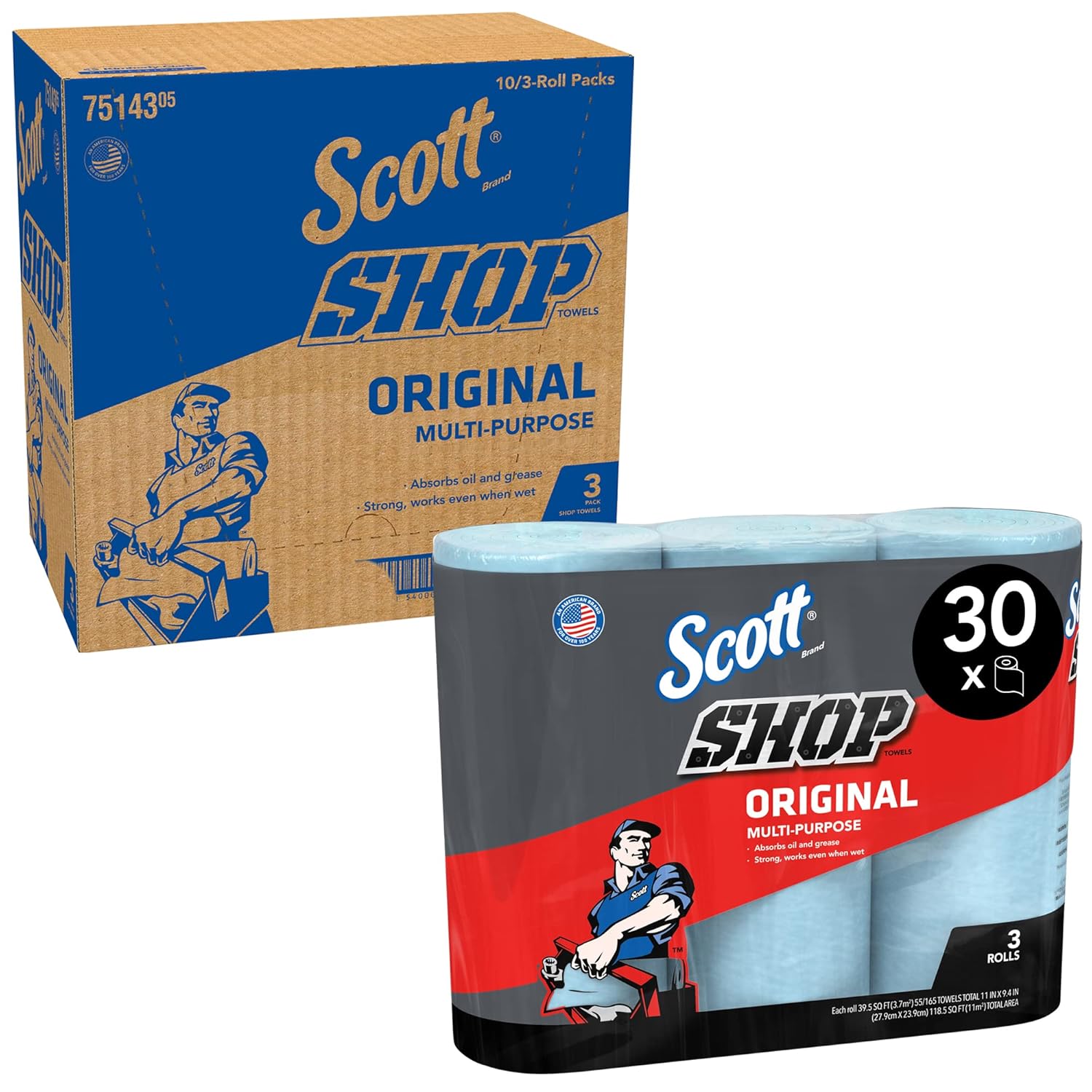 Scott Shop Towels Original 75143 Heavy Duty Blue Towels 10 Packs of 3 Blue Rolls x 55