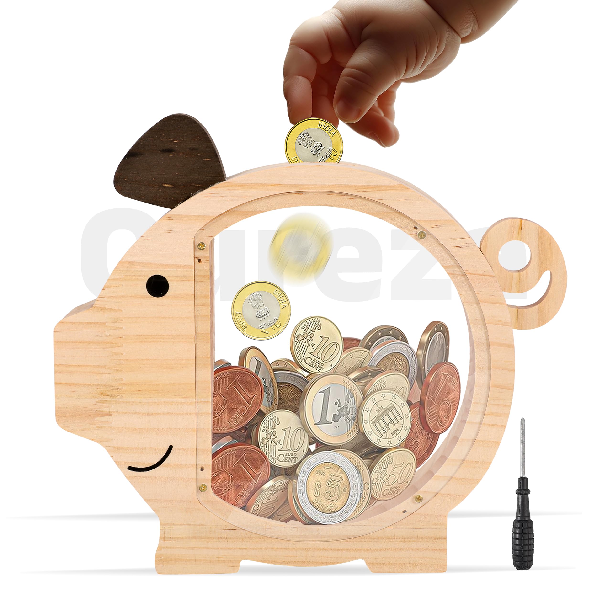 Qureza Wooden Big Cute Reusable Piggy Bank for Kids Boys Girls Adults Large transparant Coin Money Saving Box Creative Personalized Gifts for Child Birthday Cash Saving Unbreakable Smart Money Box