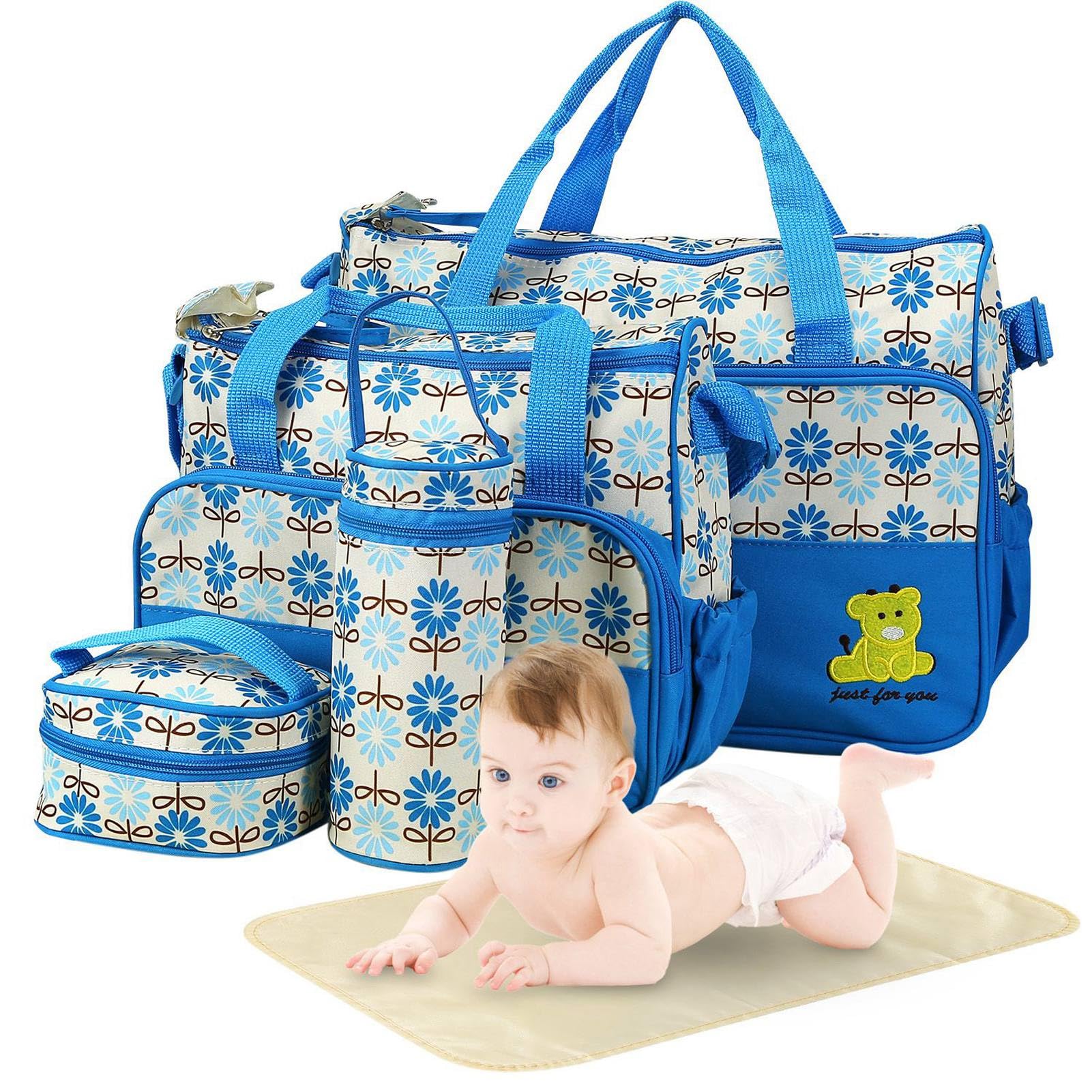 TeqHome 5Pcs Diaper Bag Tote Set,Large Mommy Bag with Portable Nappy Changing Pad,Pacifier Case,Travel Baby Bags for Mom