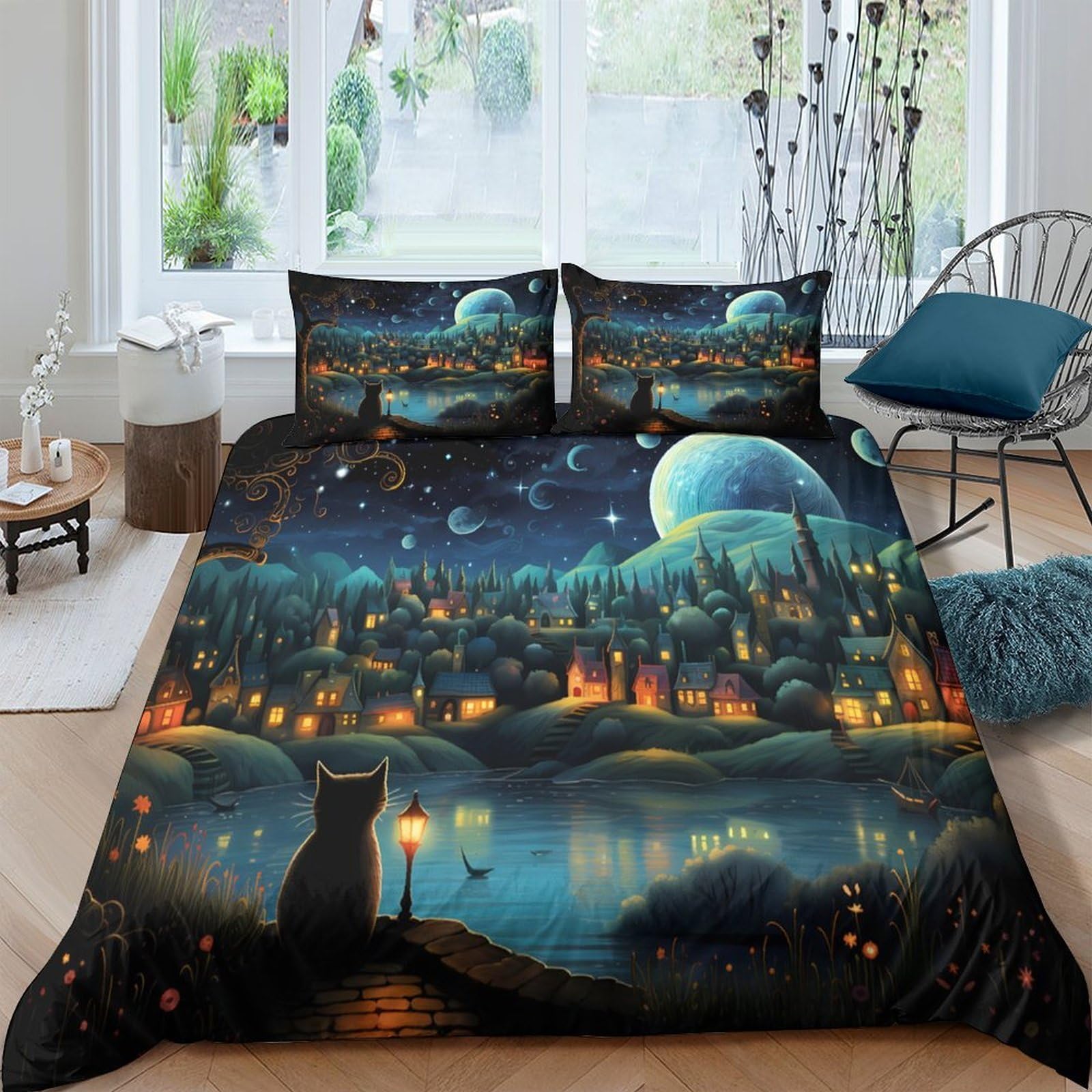 Ctjqhvkz Style-9 3D Printed Fantasy Night Lake Fitted Sheet Microfiber Soft Breathable Moonlit Forest Bed Cover For Bedroom Dorm Decor Single（135X200cm）