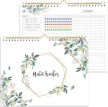 Habit Tracker Calendar - 12 Months Undated Daily Weekly & Monthly Period Habit Tracker Journal, Greenery Floral, Spiral Binding & Hanger, 7.8"x10"