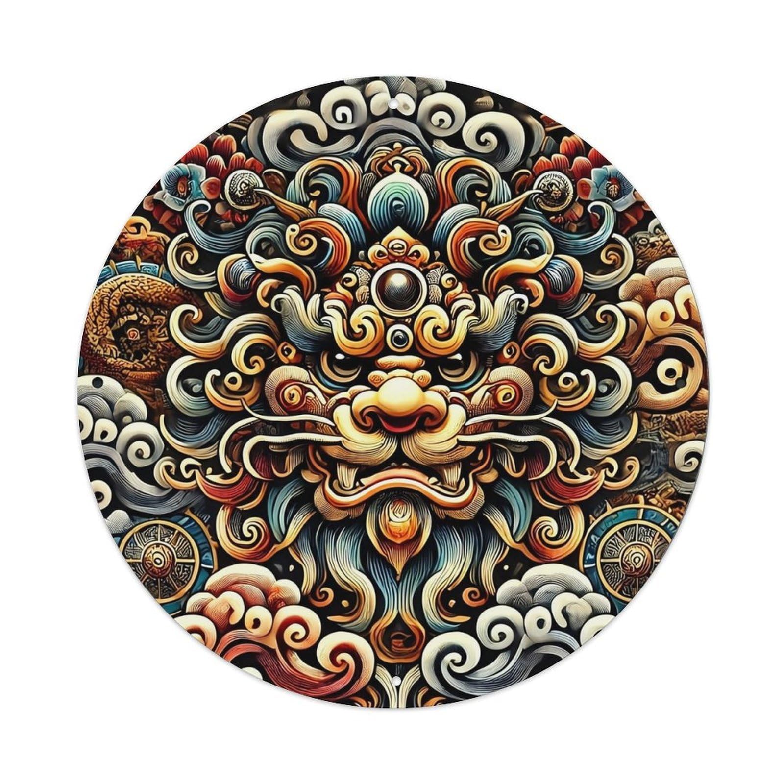 Mythical Lion Face Pattern Retro Metal Sign Round Tin Sign, Vintage Decor Art Poster for Bar, Home, Man Cave, Kitchen, Laundry Room Gift 8x8Inch
