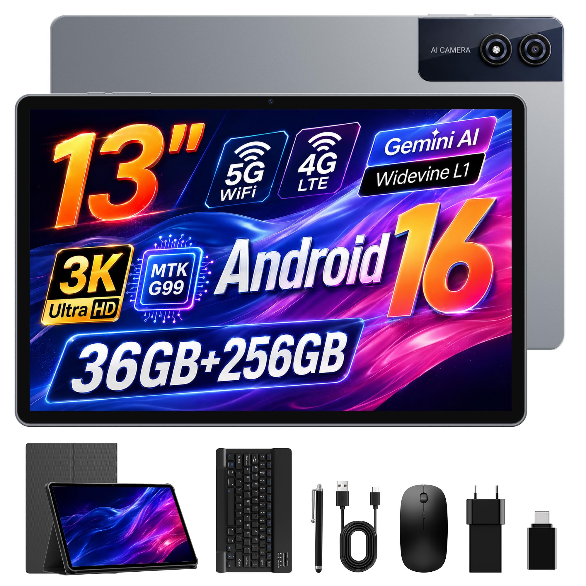 Tablette Tactile 13 Pouces Android 16, 3K (2944×1840), WiFi 5G+4G LTE, 36Go RAM+256Go/1TB TF, Helio G99, Widevine L1/11580mAh/4 Haut-Parleurs/GPS/13MP, Inclut Clavier/Étui/Souris/Stylet