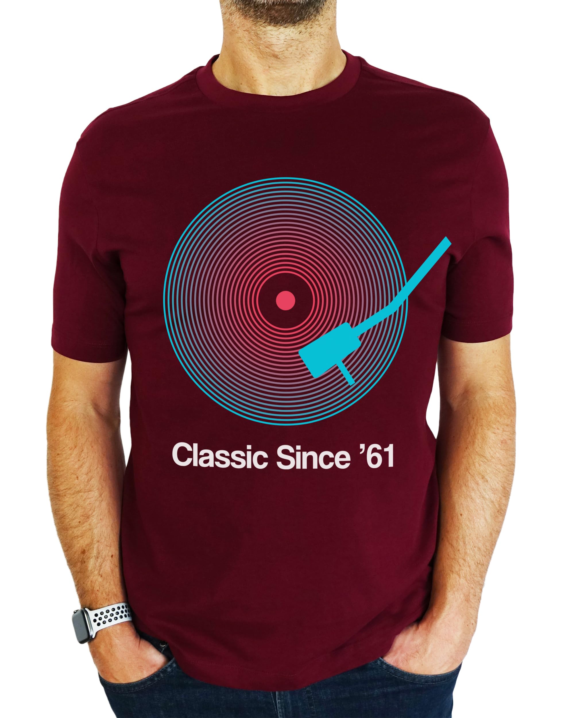 1961 Vinyl Record Neon - Classic Since - 65th Birthday Gift | Present Mens T-Shirt Burgundy M