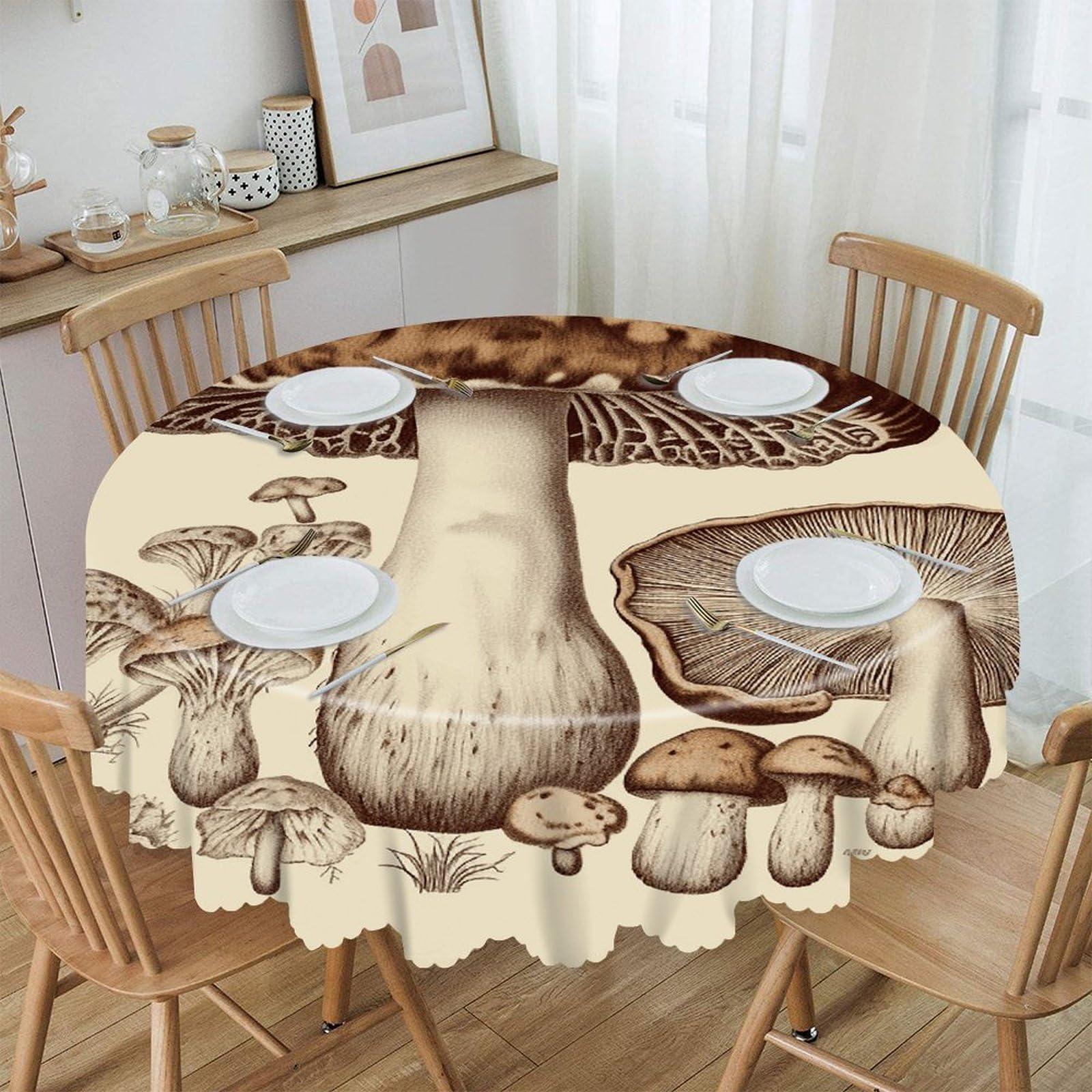 VstaDank Vintage Mushrooms Drawing Round Tablecloth Premium Polyester Table Cloth Heavy Duty Washable Fabric Tablecloth Waterproof Holiday Table Cover Decorative Tablecloths for Dining 60"