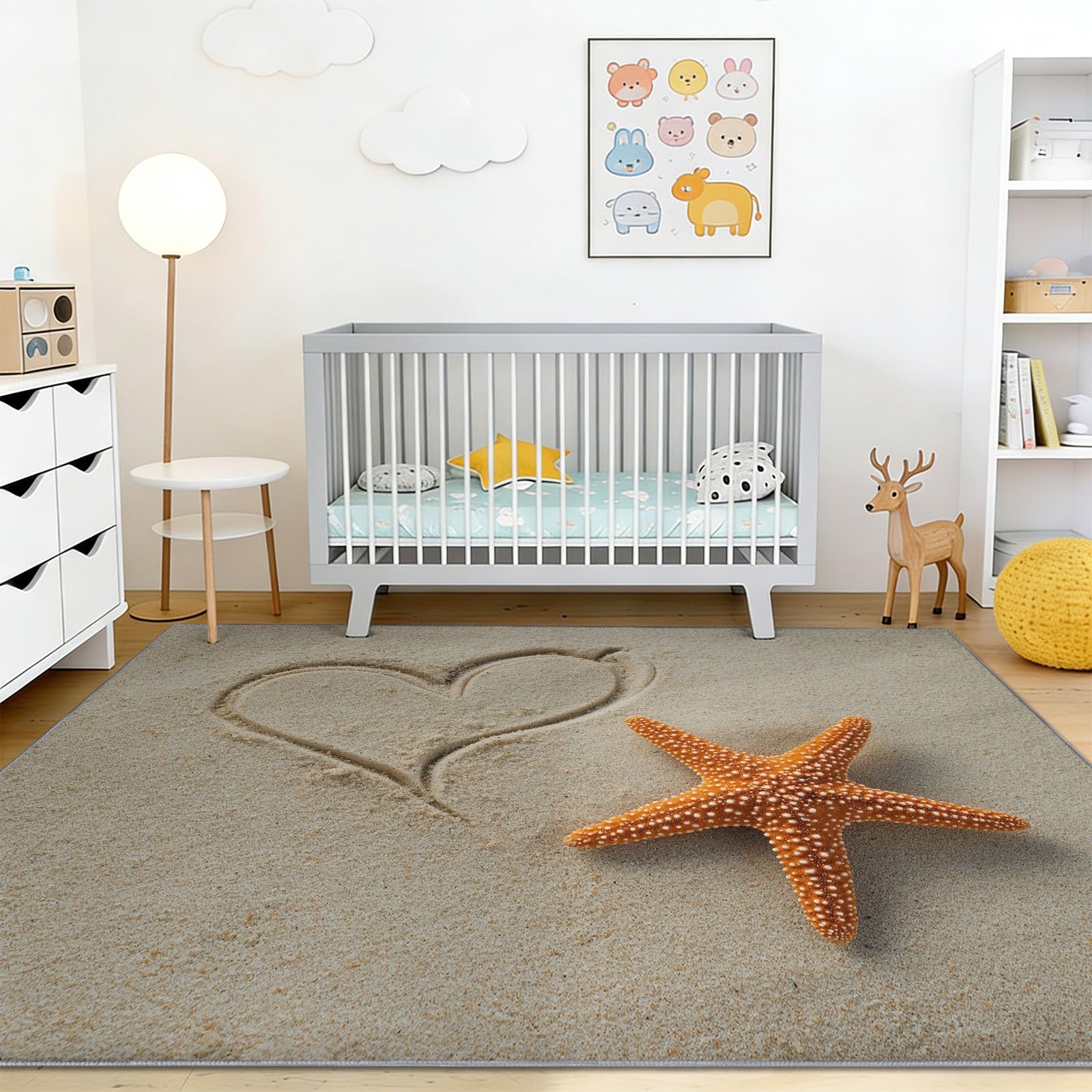 Générique Tappeto marrone chiaro, 160 x 230 cm, chic romantico, sabbia cuori, stella marina, tappeto da gioco, morbido e antiscivolo, per la cameretta dei bambini e degli adolescenti, lavabile in