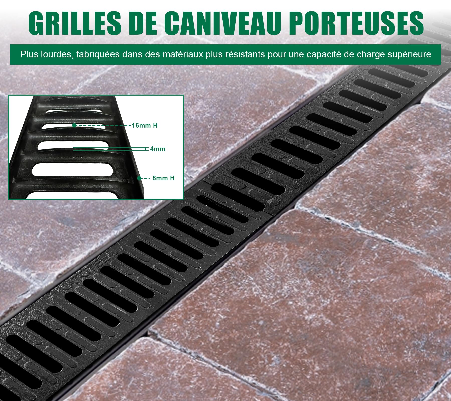 Caniveau extérieur Drainage PEHD 100x100x1000 mm Grille Fonte B125