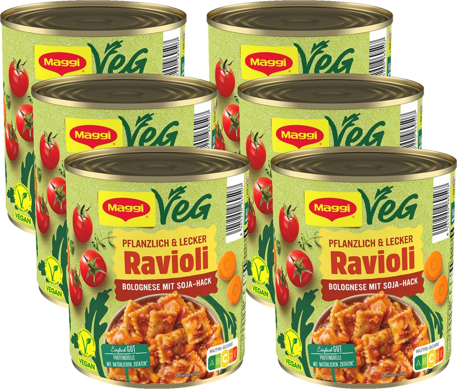MAGGI Veg Ravioli Bolognese, leckeres Fertiggericht mit Soja-Hack gefüllten Nudeln und Sauce, vegan, 6er Pack (6 x 800g)