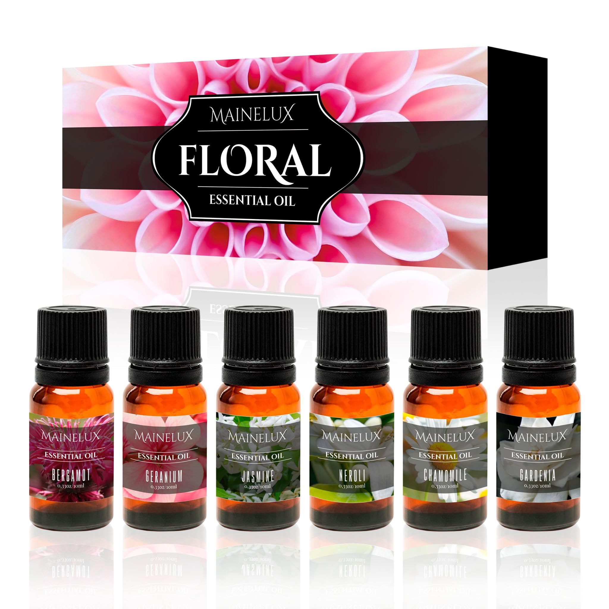 MAINELUX Aceites Esenciales para Humidificador Difusor 6 x 10 ml,100% Puro Aceites Esenciales Naturales Aceite Perfumado -Bergamota, Geranio, Jazmín, Neroli, Camomila y Gardenia.