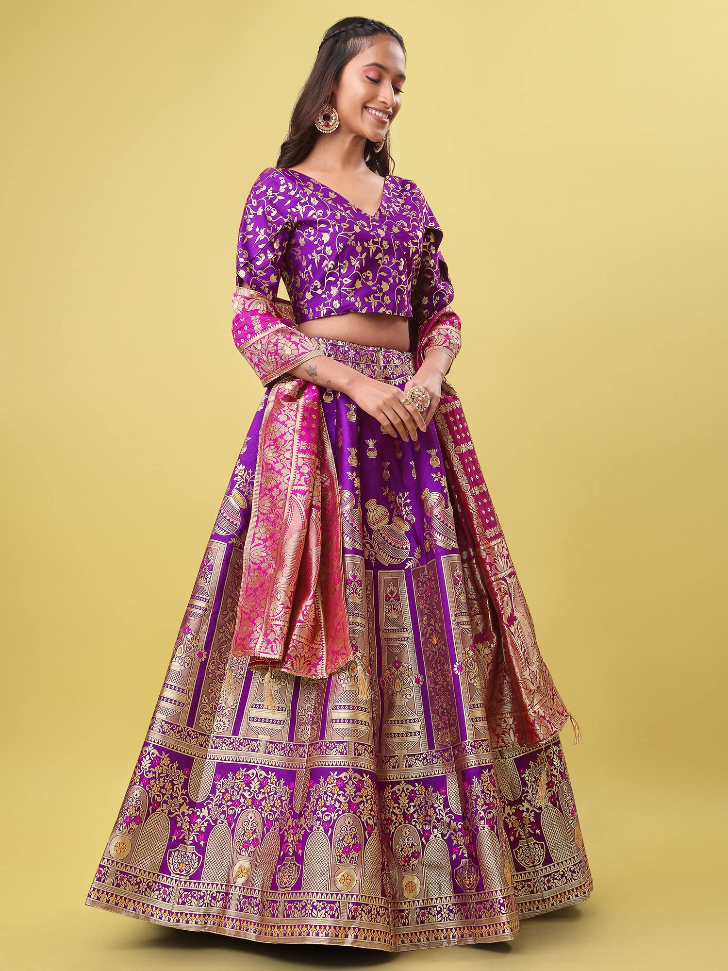 Purvaja Women's Jacquard Semi-Stitched Lehenga Choli (Kumbh-Wine_Wine_Free Size)