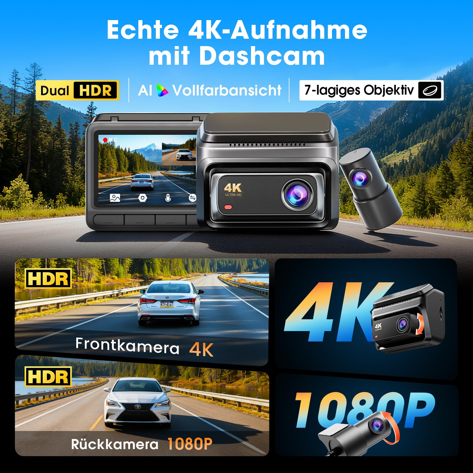 DDPAI Z60 Dashcam Auto Vorne Hinten 4K+1080P, Integriertem 32GB eMMC/4G LTE