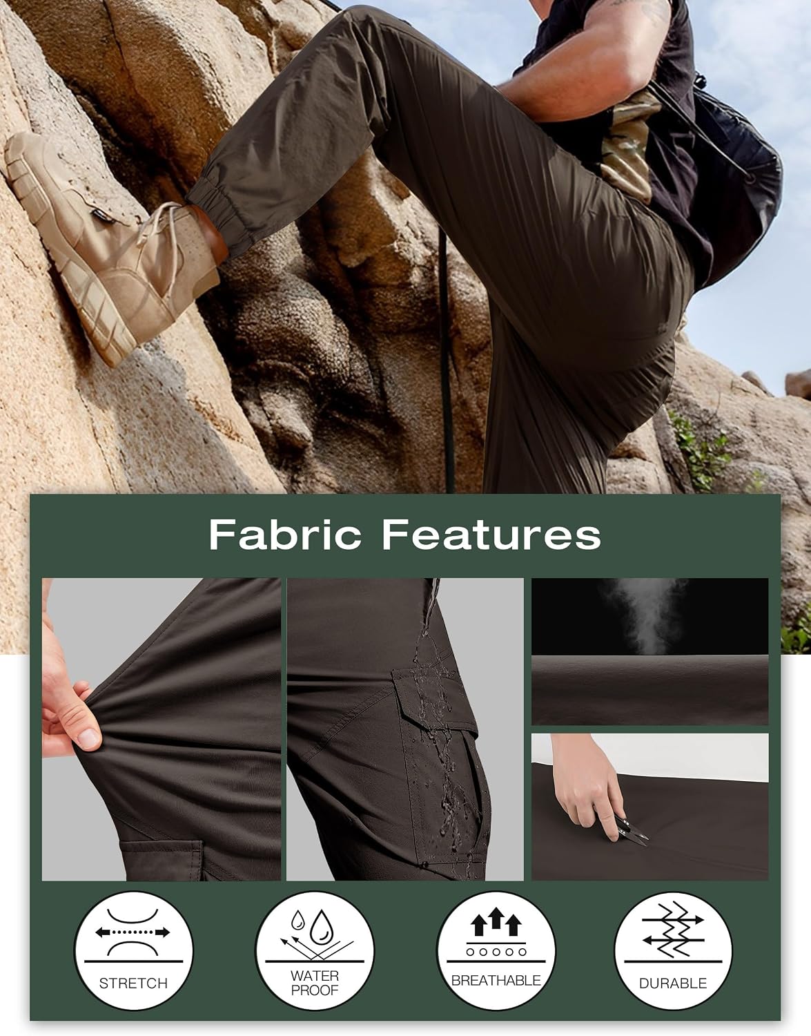 PULI Men's Waterproof Hiking Pants, Slim Fit Cargo Joggers, Stretch Quick Dry Outdoor Pants with Pockets