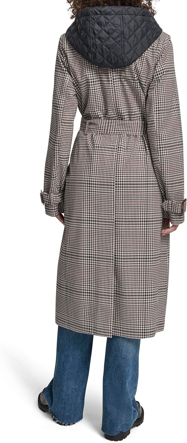 DKNY Women's Trench Coat With Bib– Long Double-breasted Belted Jacket With Quilted Bib With Hood - Image 3
