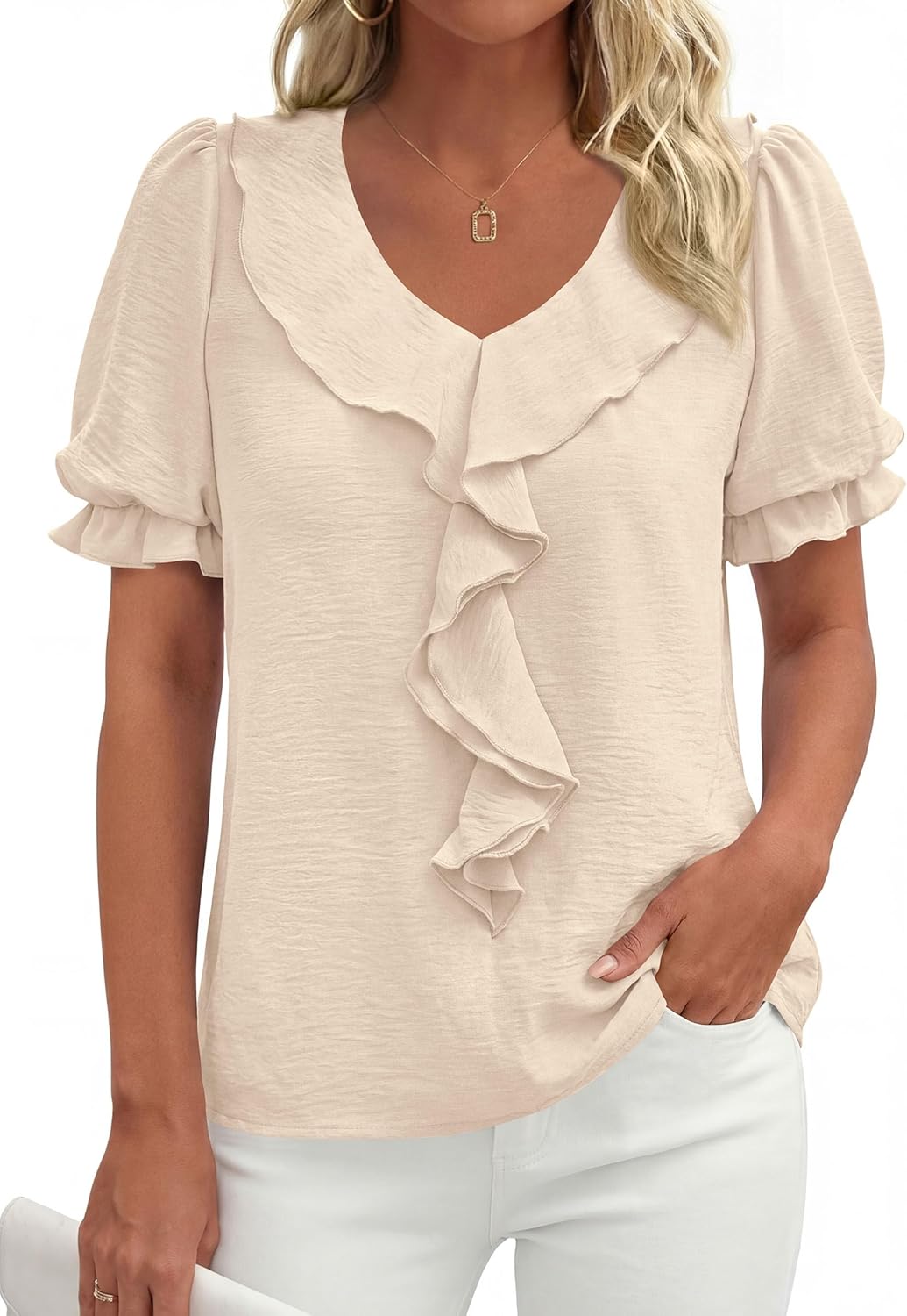 PRETTYGARDEN Women's Summer Dressy Casual Blouses 2026 Short Sleeve V Neck Ruffle Business Work Tops Trendy Spring Outfits - Image 7