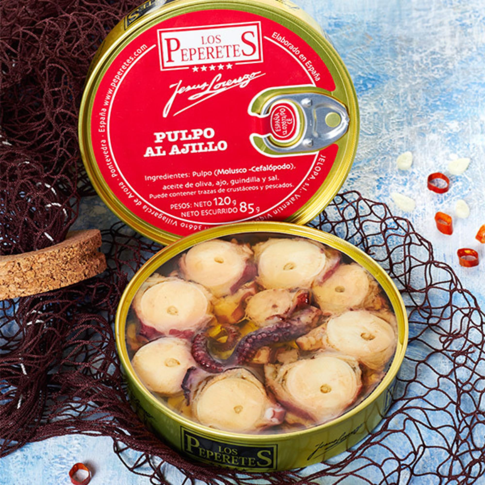 LOS PEPERETES Pulpo al Ajillo 120 g | Marisco Gallego Gourmet | Conserva Artesanal en Aceite de Oliva con Ajo Natural | Pulpo del Atlántico | Sabor Tradicional de Galicia