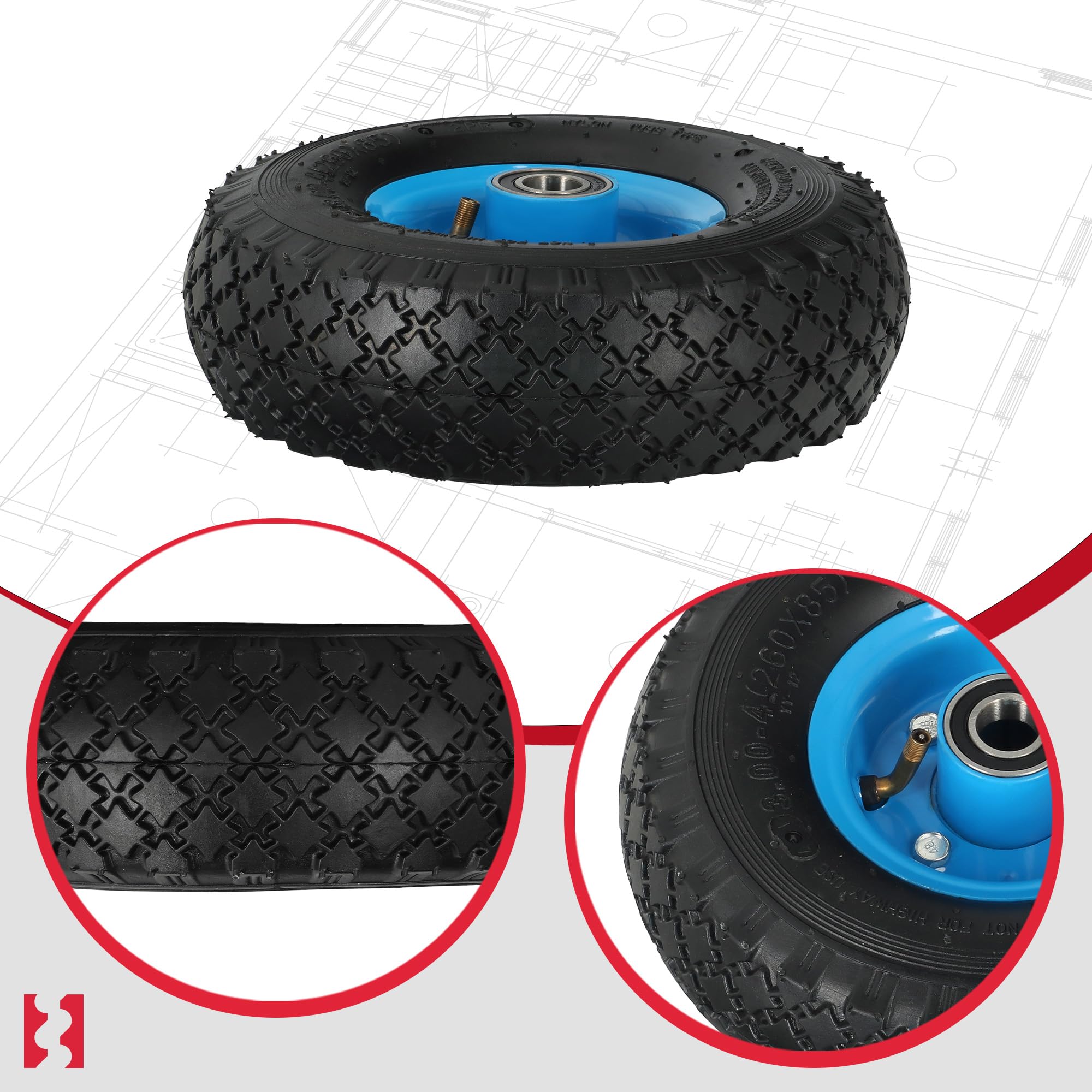 KOTARBAU® Set di 2 Ruote per Carriola in Gomma Piena 260 x 85 mm 3.00 – 4 Rinforzate 4PR Ruote Complete per Carrello Ruote di Ricambio