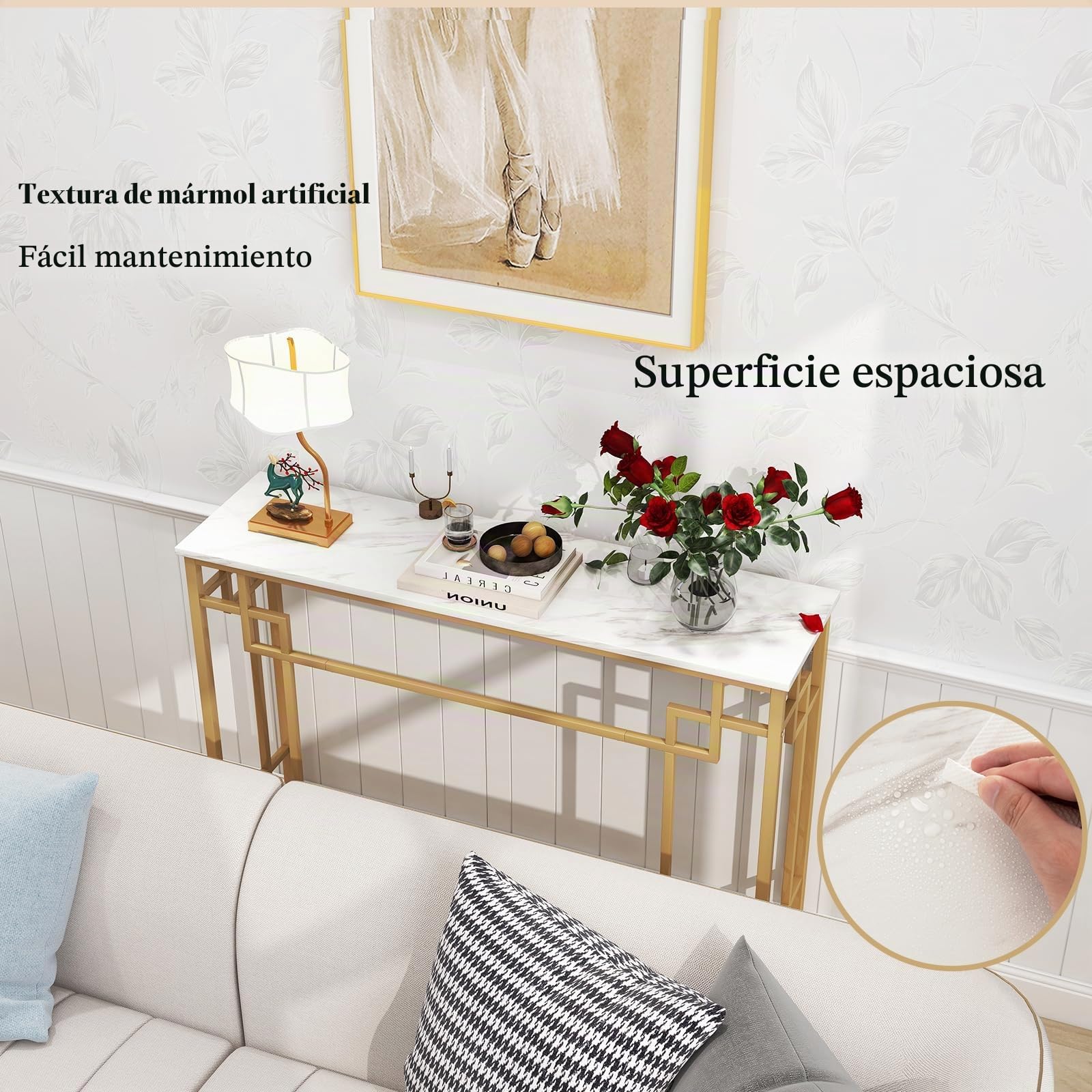 LIFEZEAL Mesa Consola Moderna, Efecto Mármol, Mesa de Entrada de Estructura Metálica, Pies Ajustables, Ahorra Espacio, para Pasillo, Salón, Entrada, MAX 30kg, 110x30x81cm, Dorado