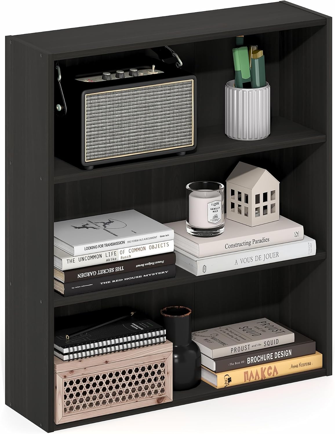 Furinno Basic Book Shelf, 3-Tier Bookshelf, Cube Storage Organizer Bookcase with Open Shelf, 7 x 24 x 26, for Living Room, Bedroom, Home Office, Espresso Espresso 3-Tier, 7 x 24 x 26