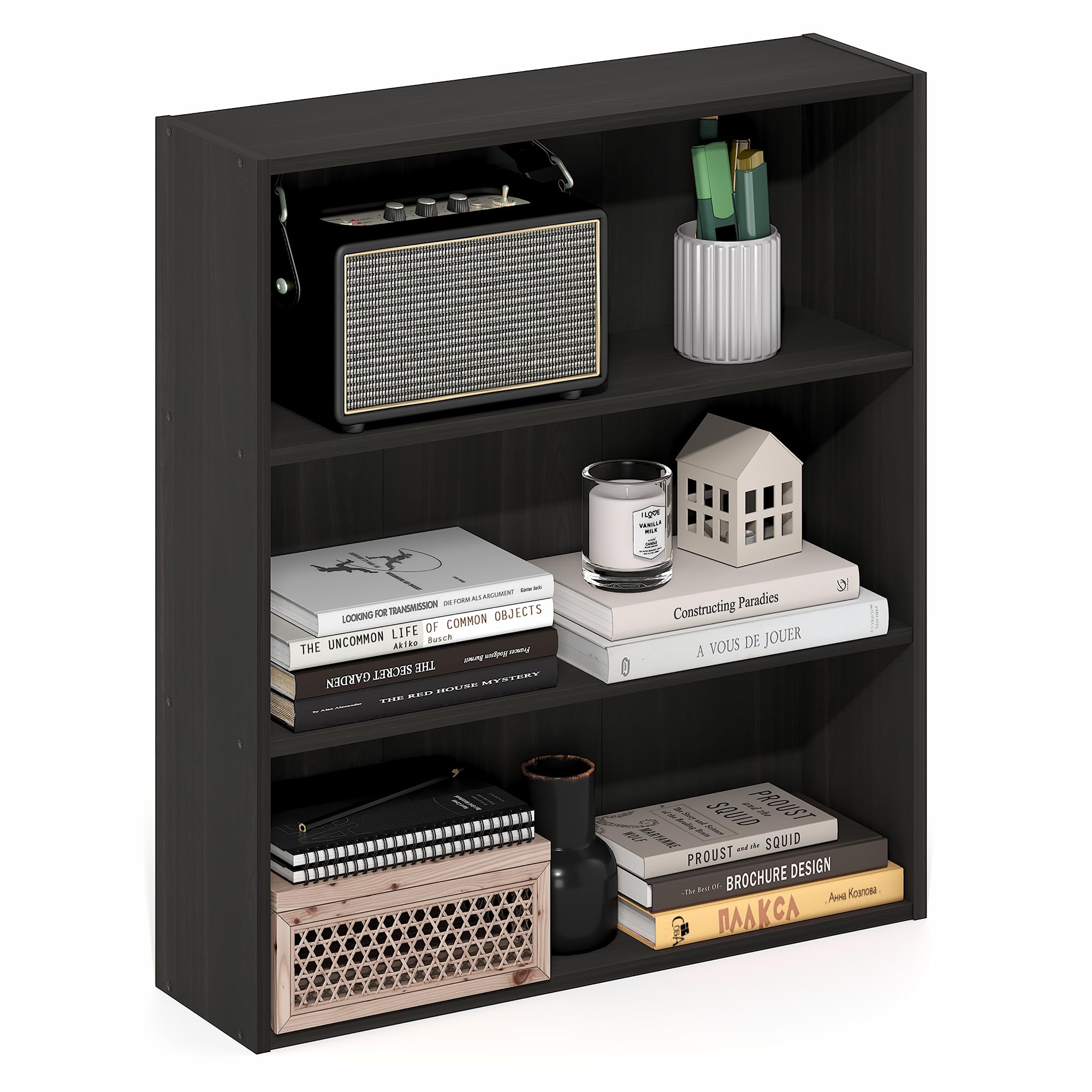Furinno Basic Book Shelf, 3-Tier Bookshelf, Cube Storage Organizer Bookcase with Open Shelf, 7 x 24 x 26, for Living Room, Bedroom, Home Office, Espresso