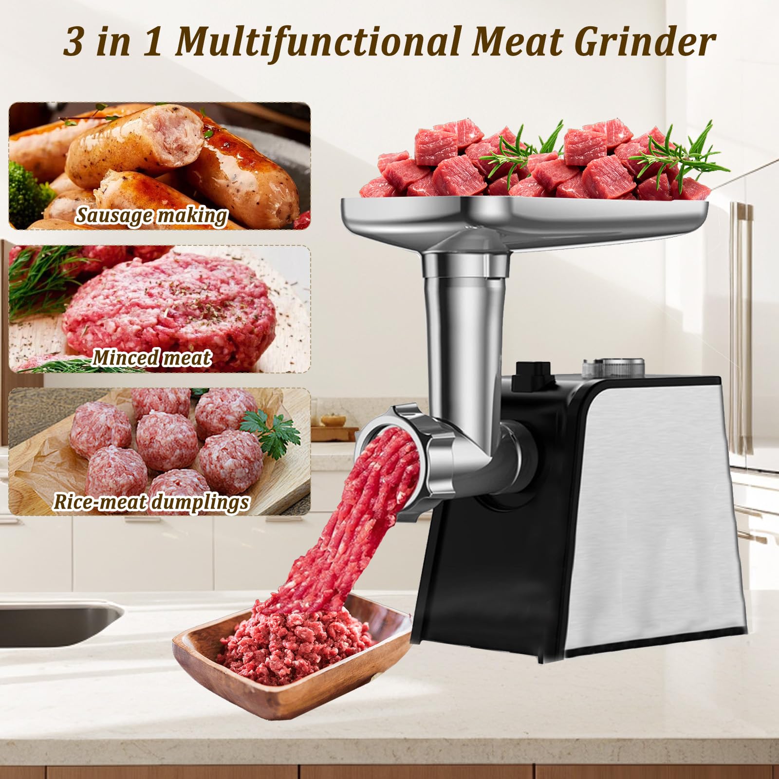 Picadora de carne eléctrica 3 en 1 con embutidora, picadora de carne eléctrica y embutidora con 3 tubos de embutido, 2 moldeadores de albóndigas, 2 cuchillas de acero inoxidable y 3 placas de picado