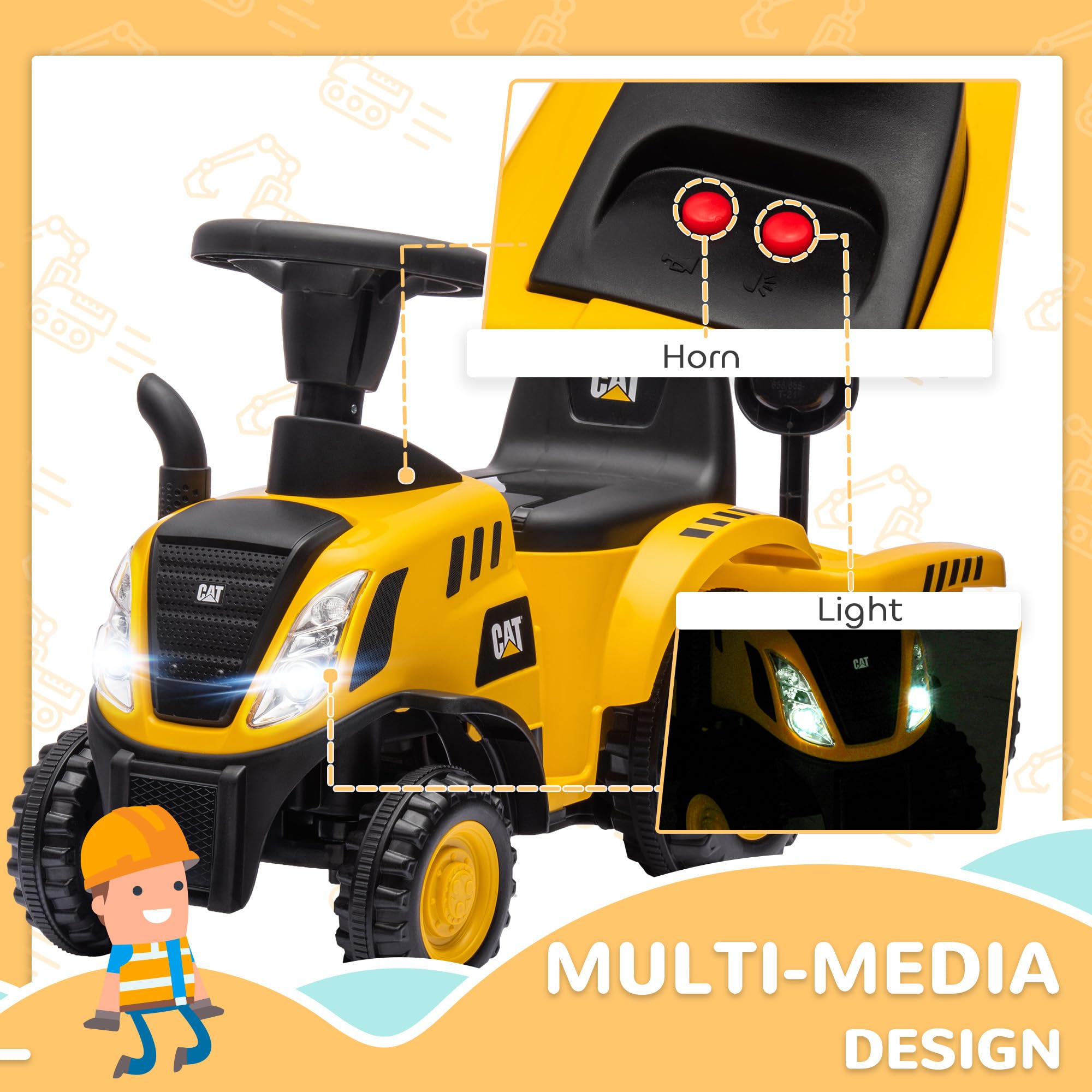 AIYAPLAY Kinder Truck Spielzeug 12-36 Monate mit integrierter Schaufel und Anhänger, Kinder Aufsitzbagger aus PP und Metall, 91x29x44 cm, Gelb